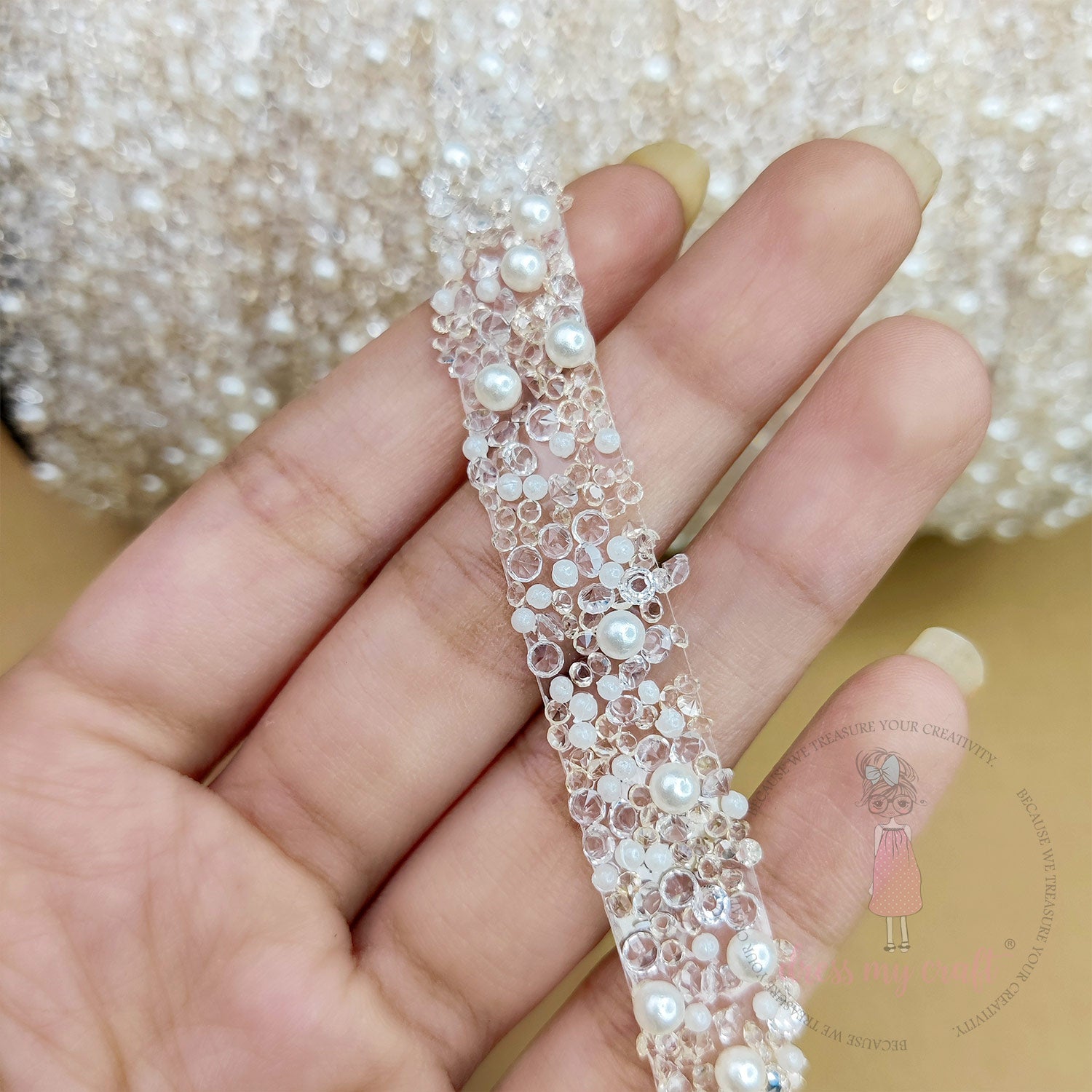 Crystals & Pearls Self Adhesive Tape - Ivory