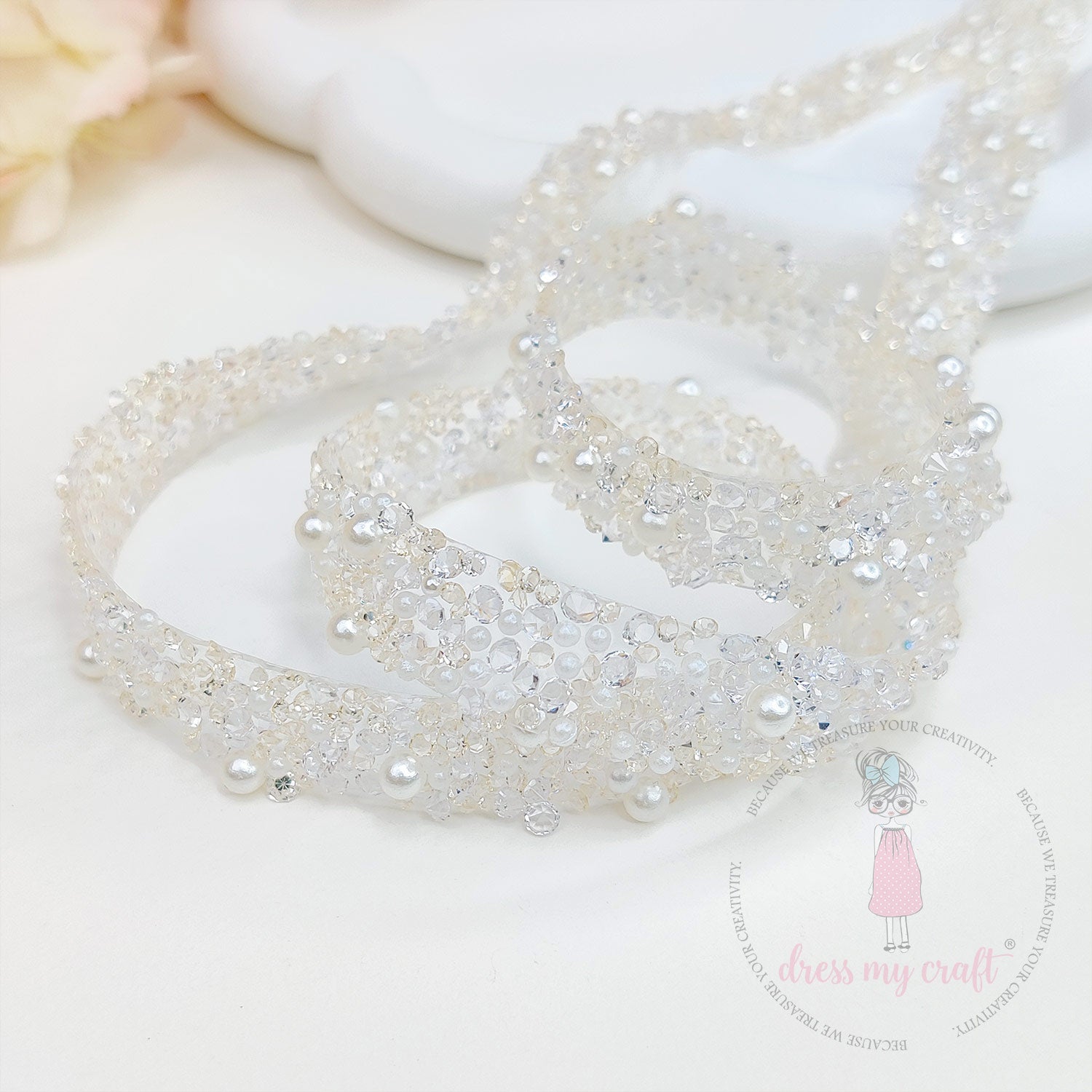 Crystals & Pearls Self Adhesive Tape - Ivory