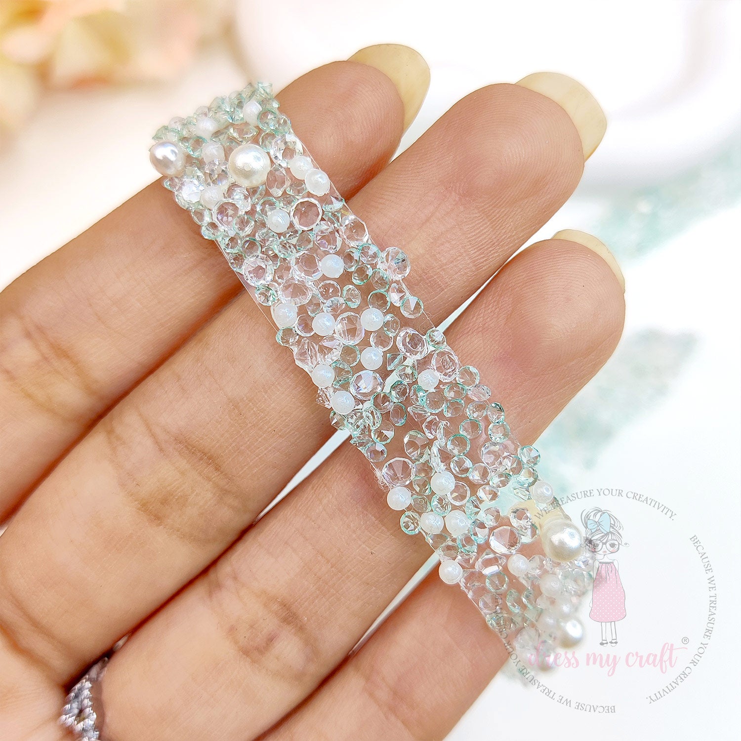 Crystals & Pearls Self Adhesive Tape - Teal Blue