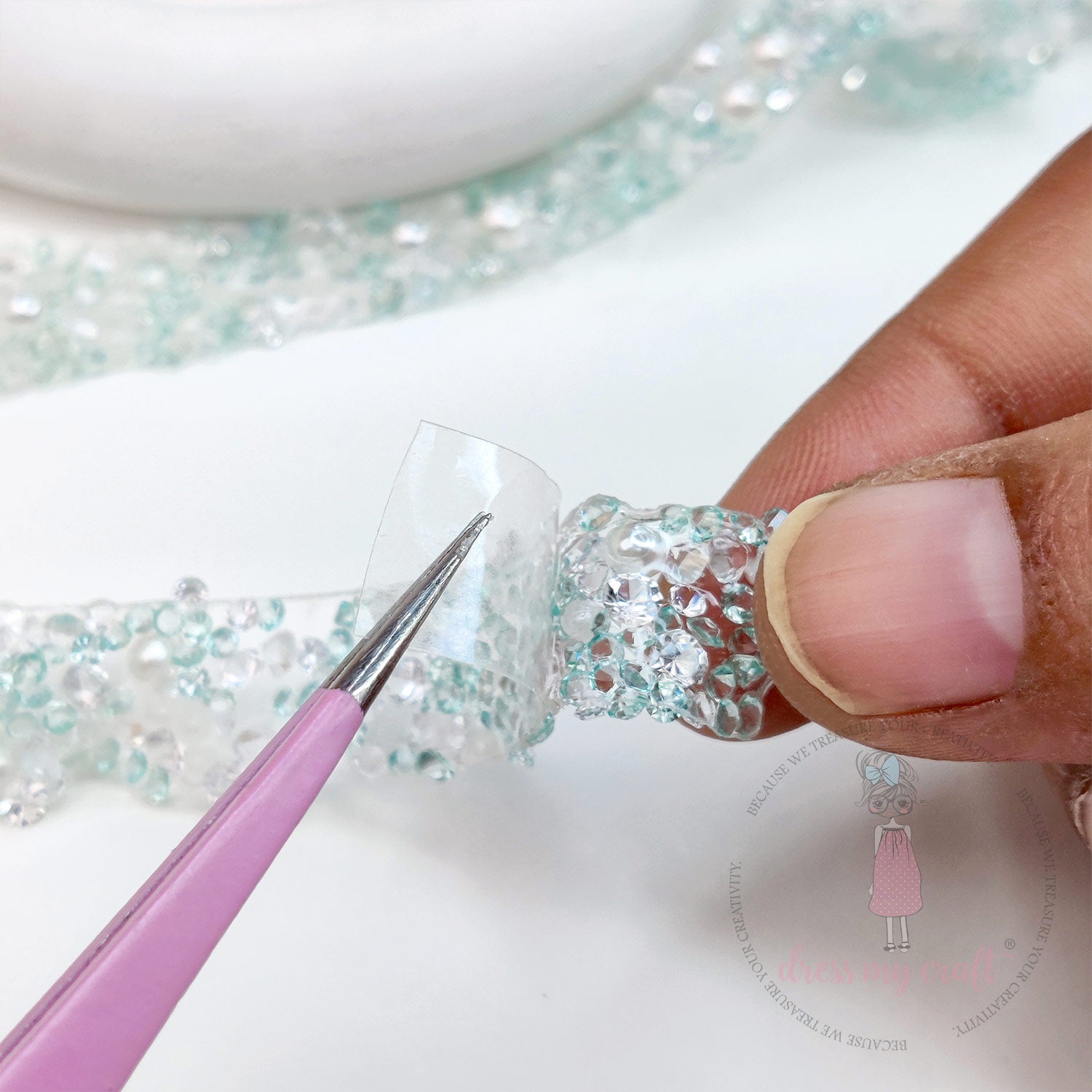 Crystals & Pearls Self Adhesive Tape - Teal Blue