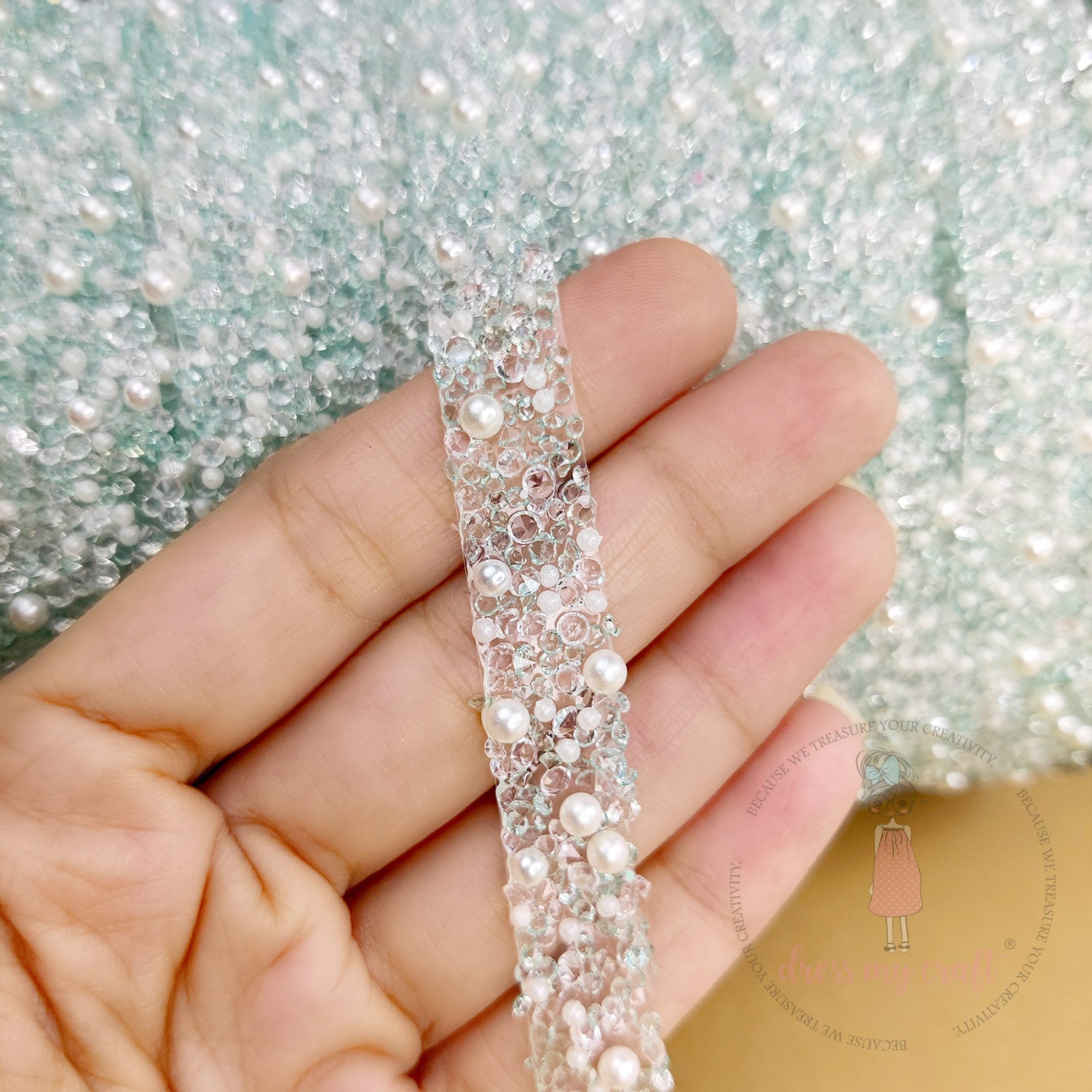 Crystals & Pearls Self Adhesive Tape - Teal Blue
