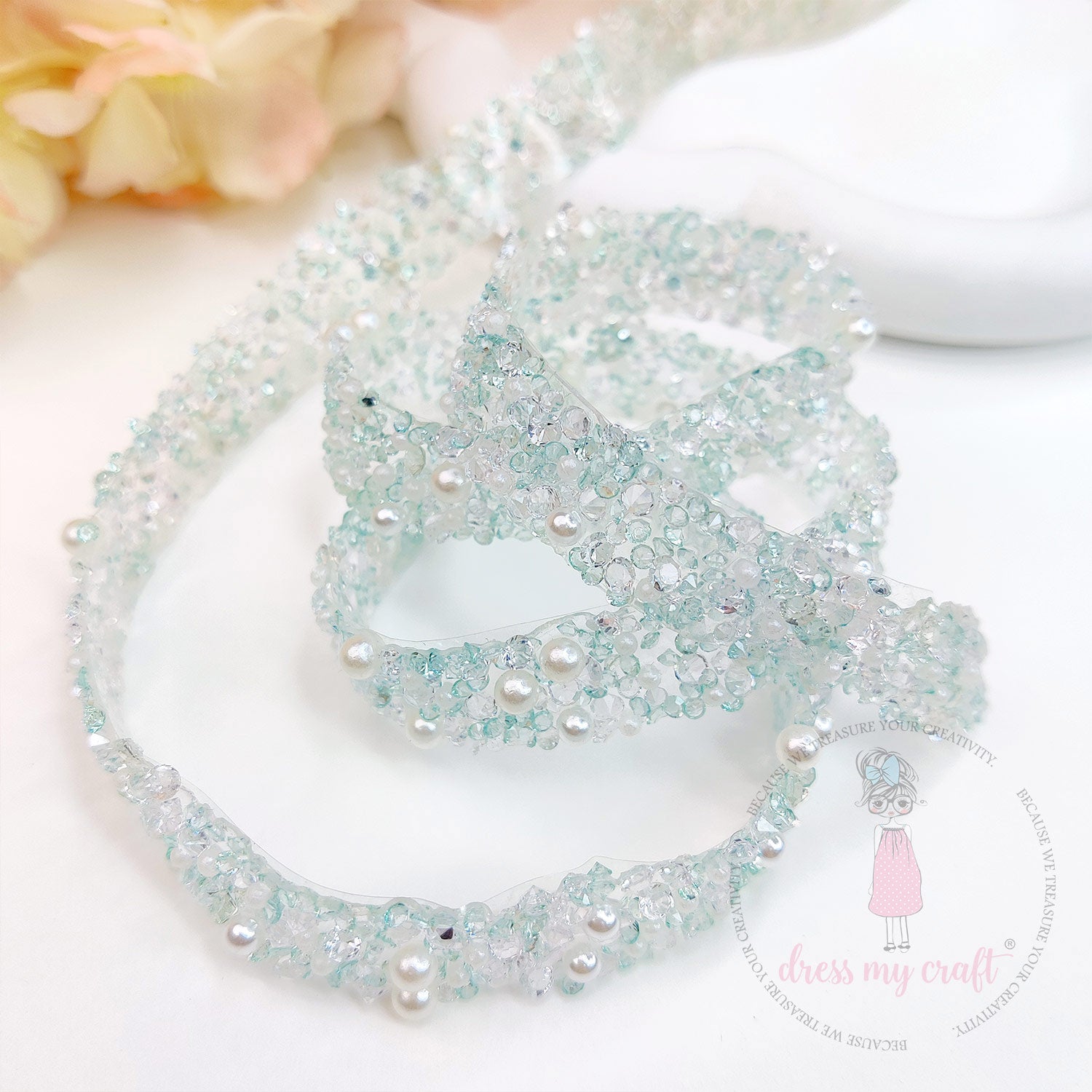 Crystals & Pearls Self Adhesive Tape - Teal Blue