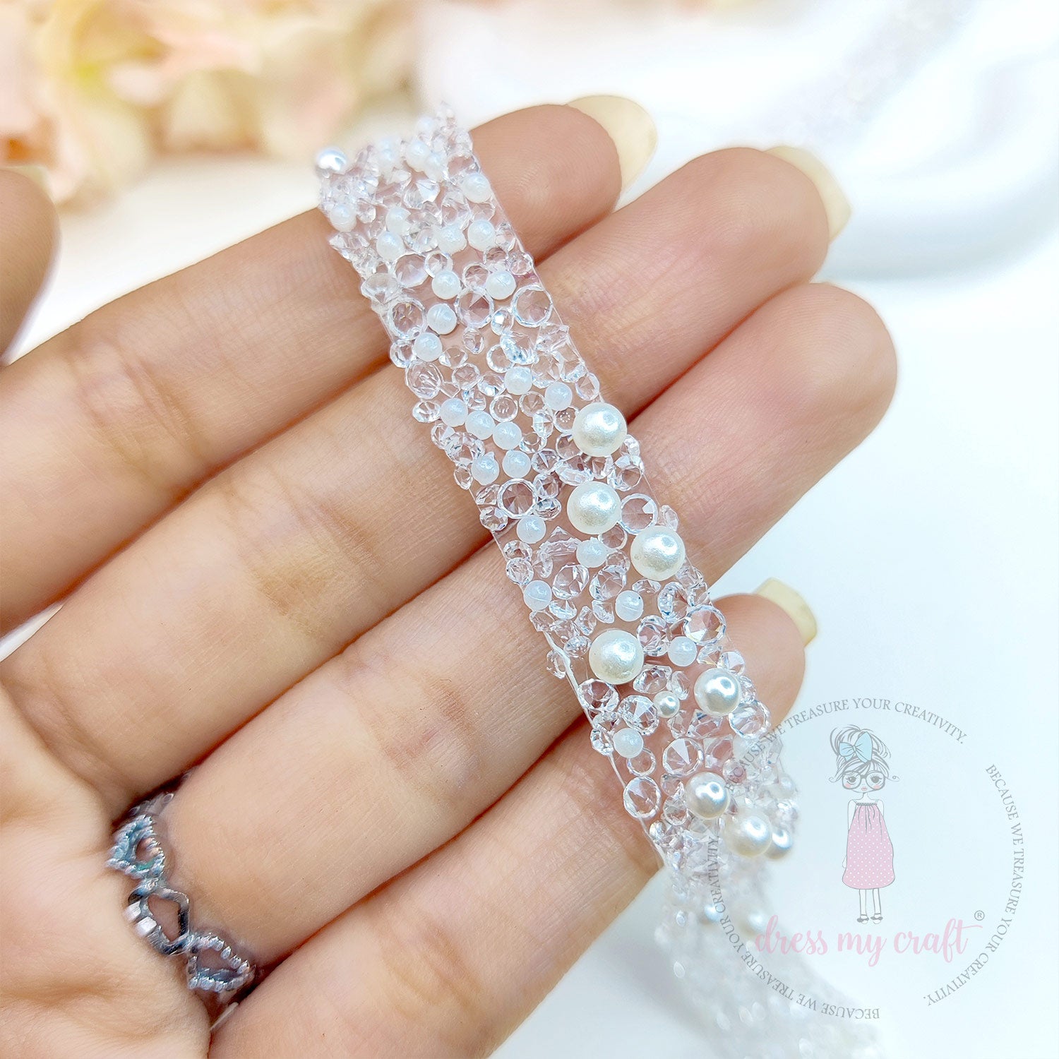 Crystals & Pearls Self Adhesive Tape - White