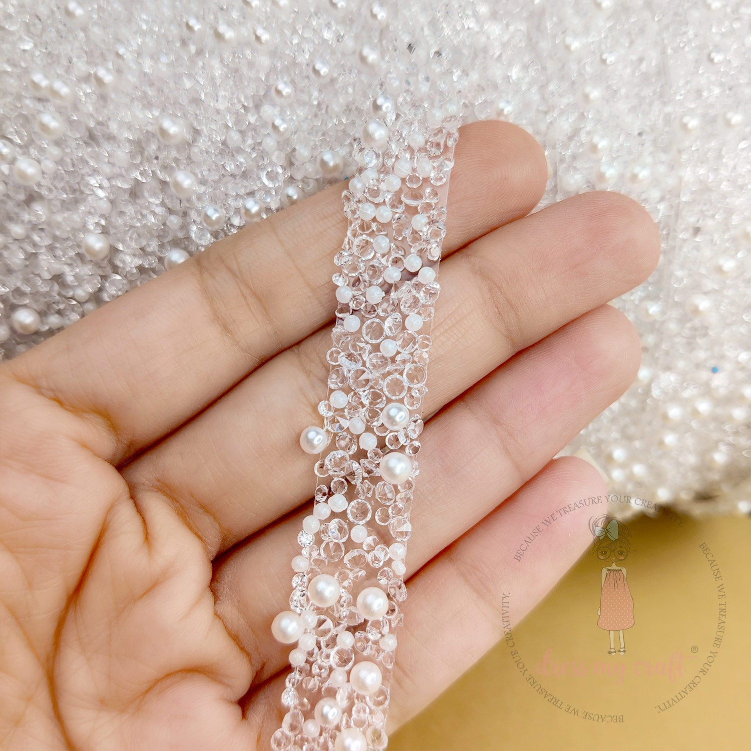 Crystals & Pearls Self Adhesive Tape - White