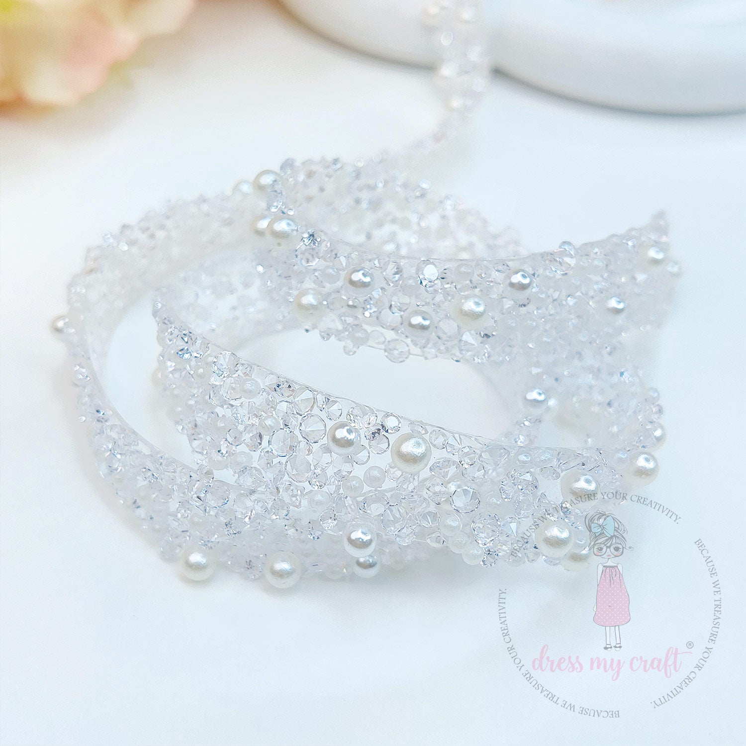 Crystals & Pearls Self Adhesive Tape - White