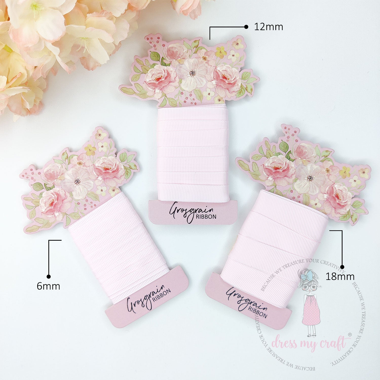 Grosgrain Ribbon Combo - 3 Rolls (6mm, 12mm, 18mm) Baby Pink