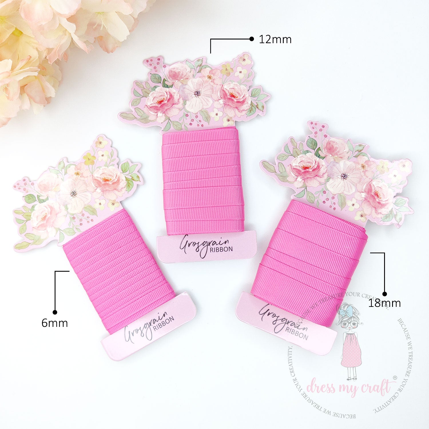 Grosgrain Ribbon Combo - 3 Rolls (6mm, 12mm, 18mm) Flamingo Pink