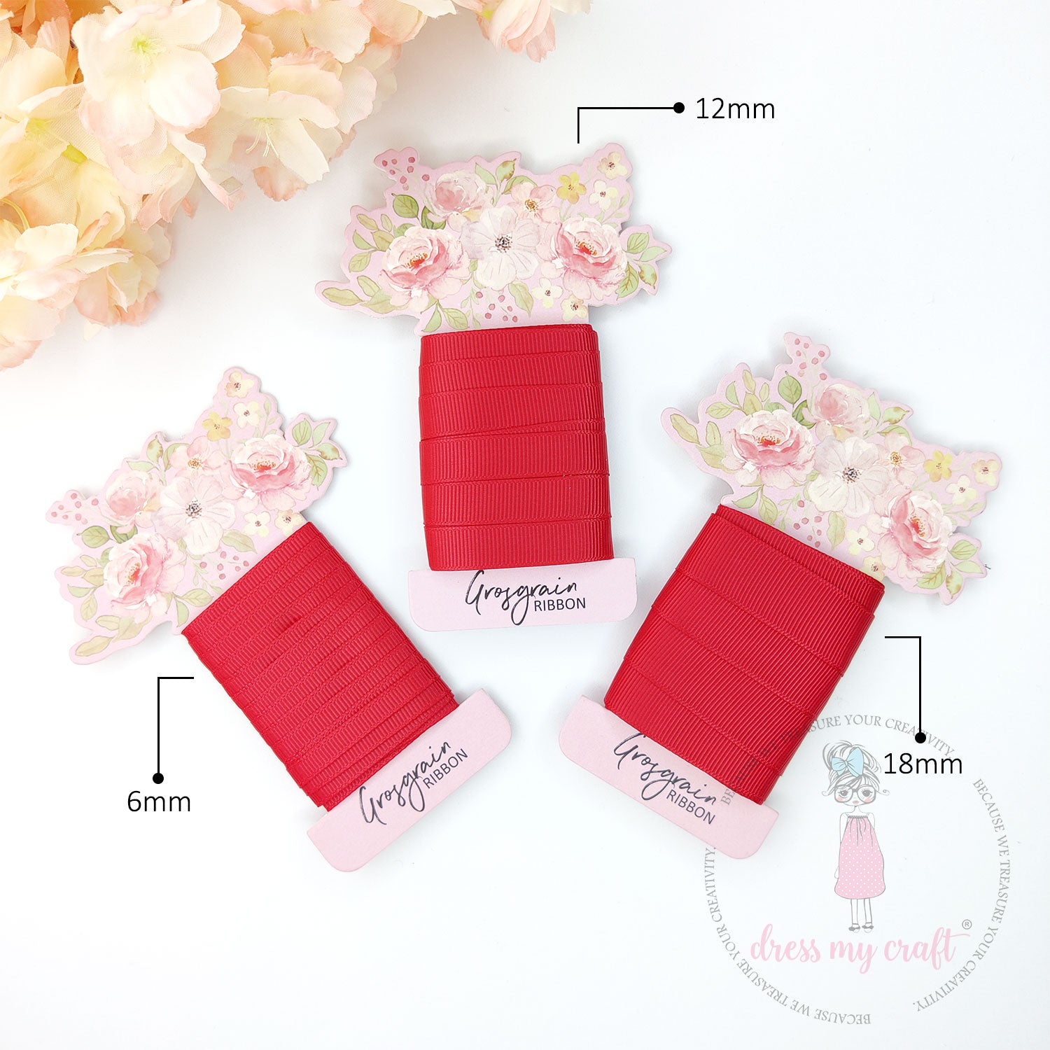 Grosgrain Ribbon Combo - 3 Rolls (6mm, 12mm, 18mm) Red