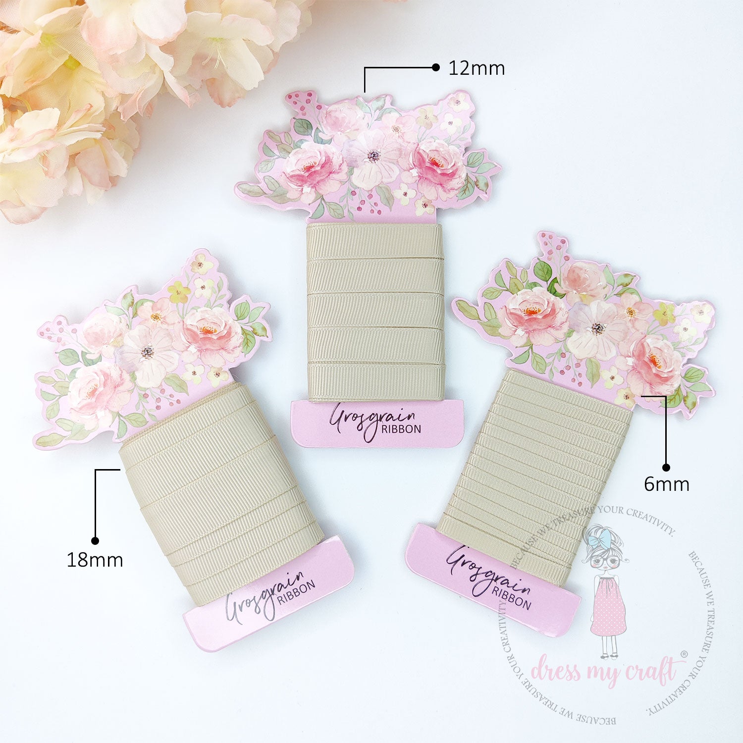 Grosgrain Ribbon Combo - 3 Rolls (6mm, 12mm, 18mm) Beidge