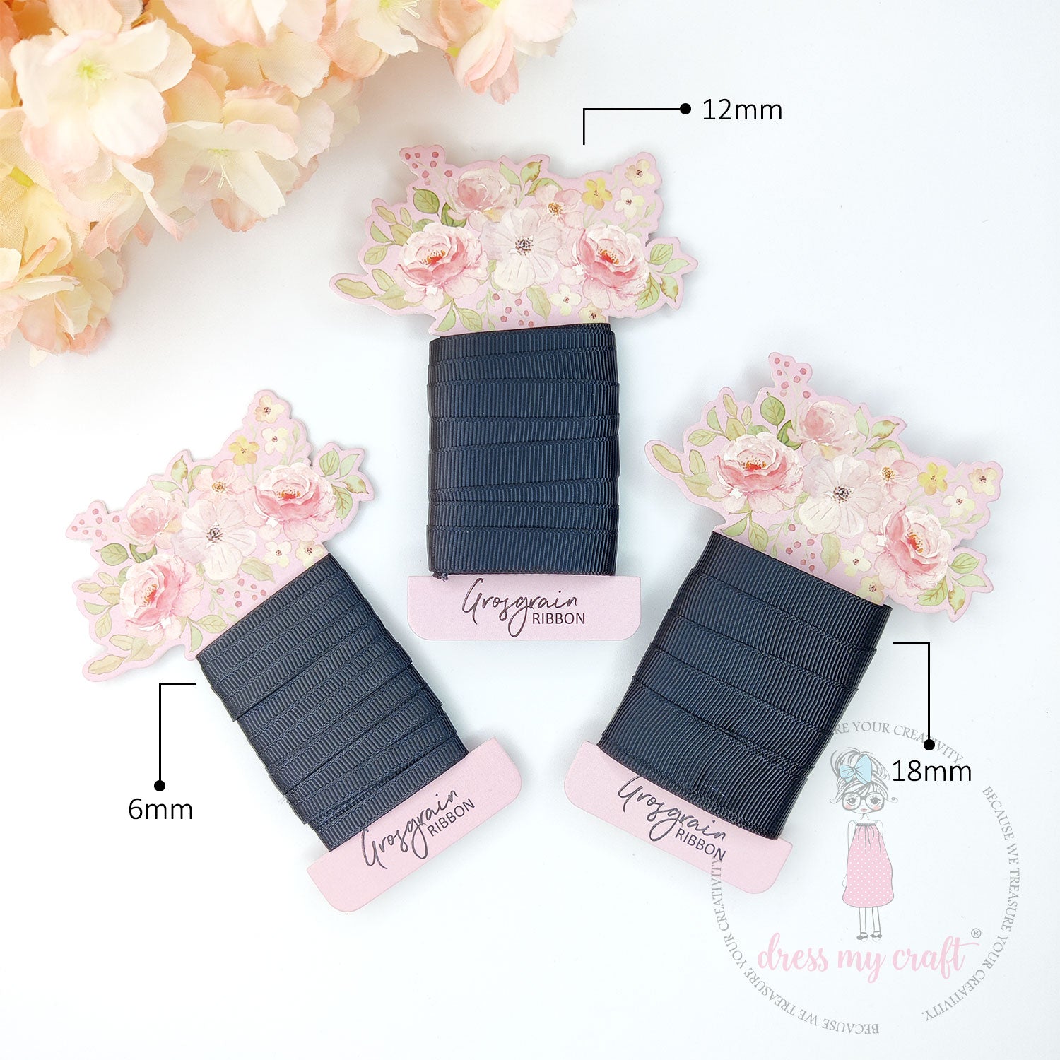 Grosgrain Ribbon Combo - 3 Rolls (6mm, 12mm, 18mm) Black