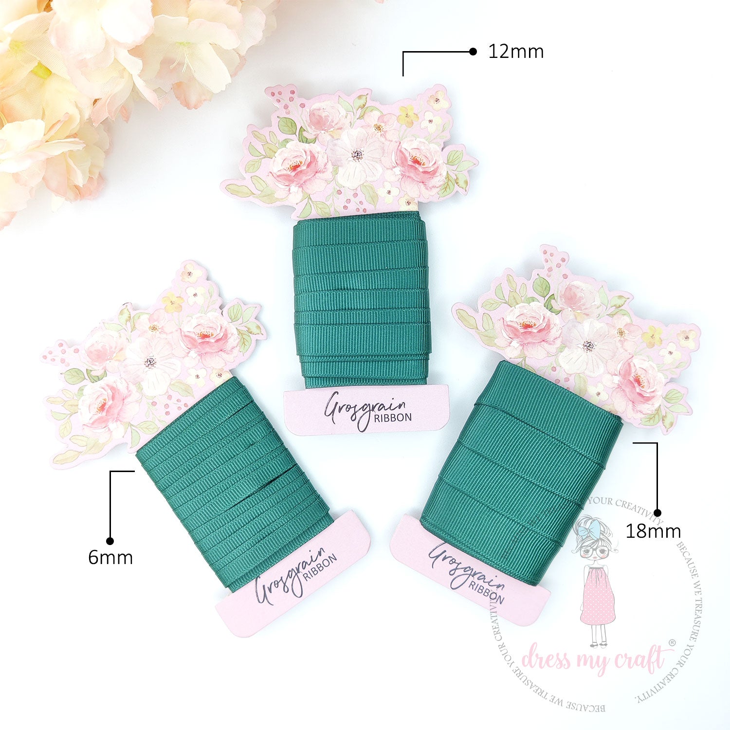 Grosgrain Ribbon Combo - 3 Rolls (6mm, 12mm, 18mm) Bottle Green