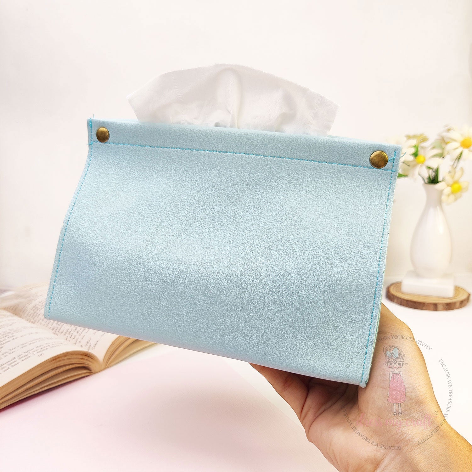 DIY Leather Tissue Holder - Light Blue