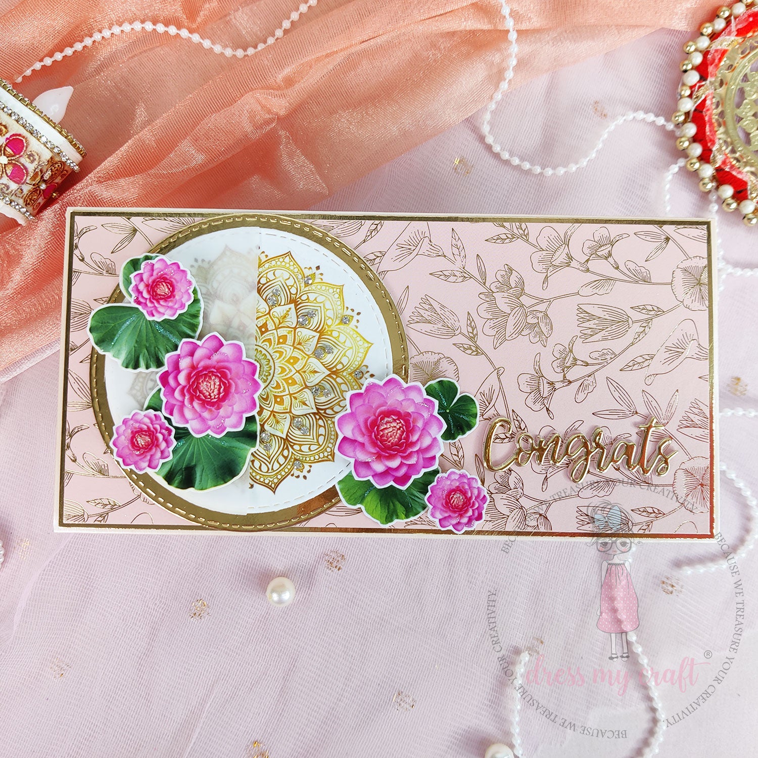 Spanish Pink With Golden Floral Bliss - Pack Of 10 - 12" x 12" Loose Sheets