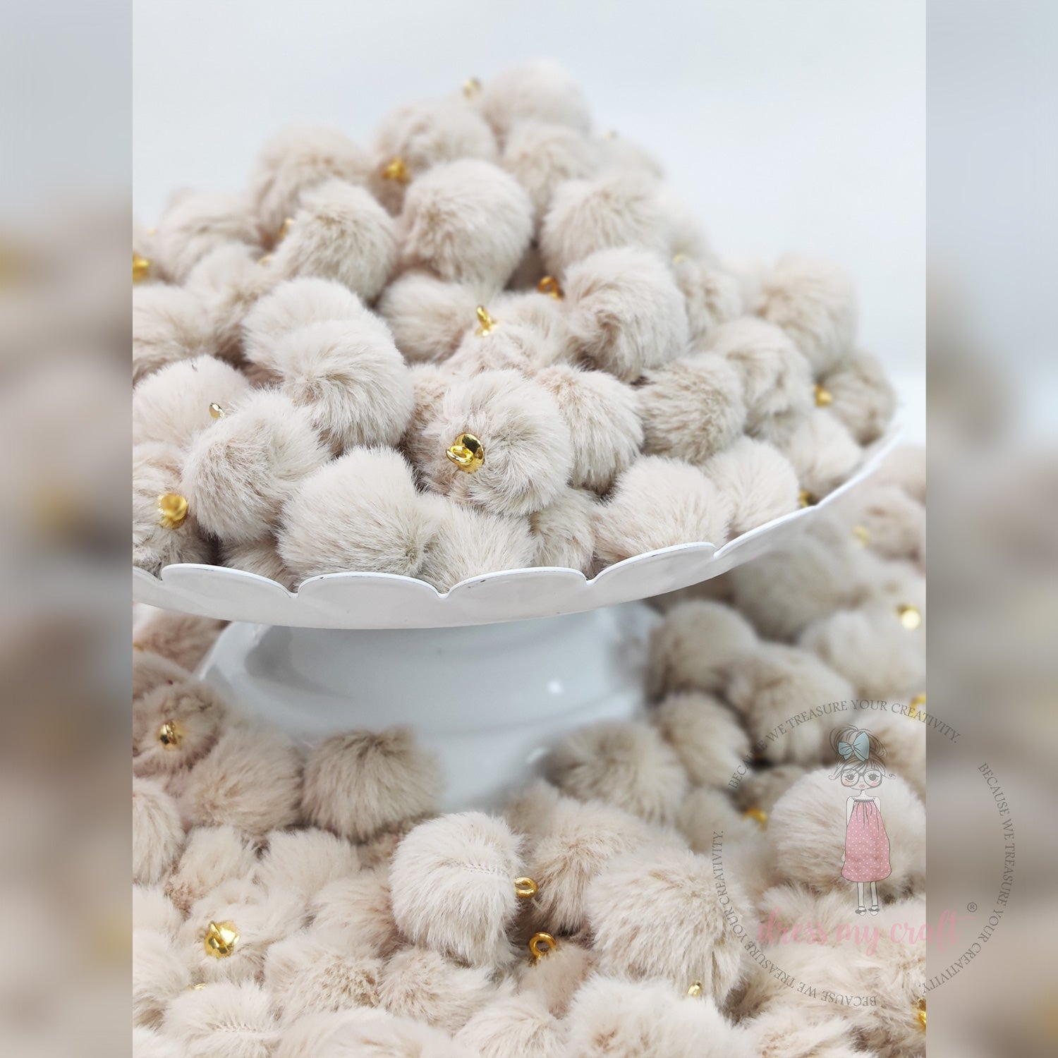 Pastel Pom Poms With Loop - Light Brown