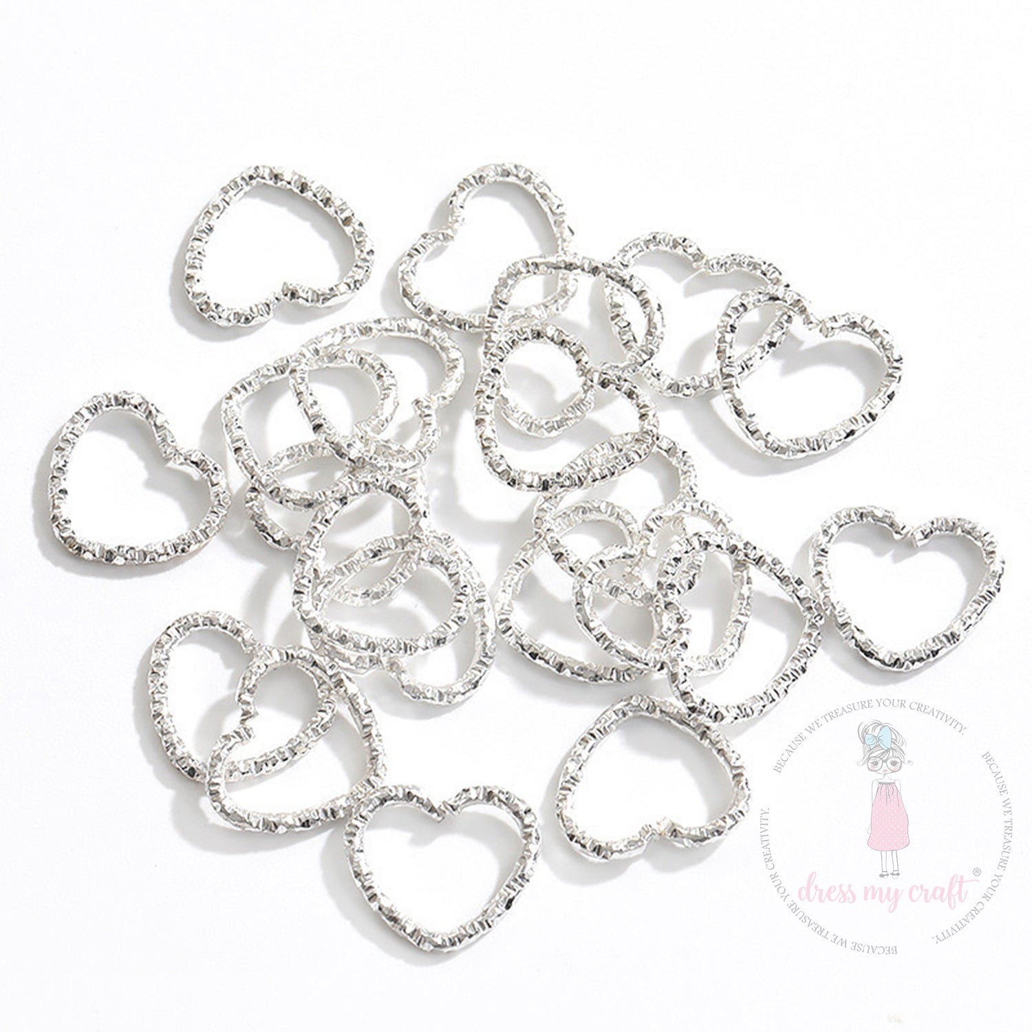 Textured Heart Jump Rings - Silver 14 X 12 MM