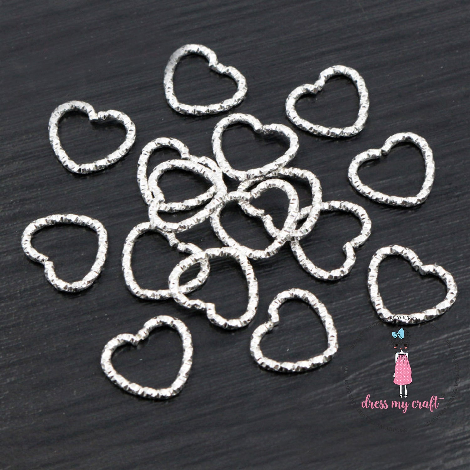 Textured Heart Jump Rings - Silver 14 X 12 MM