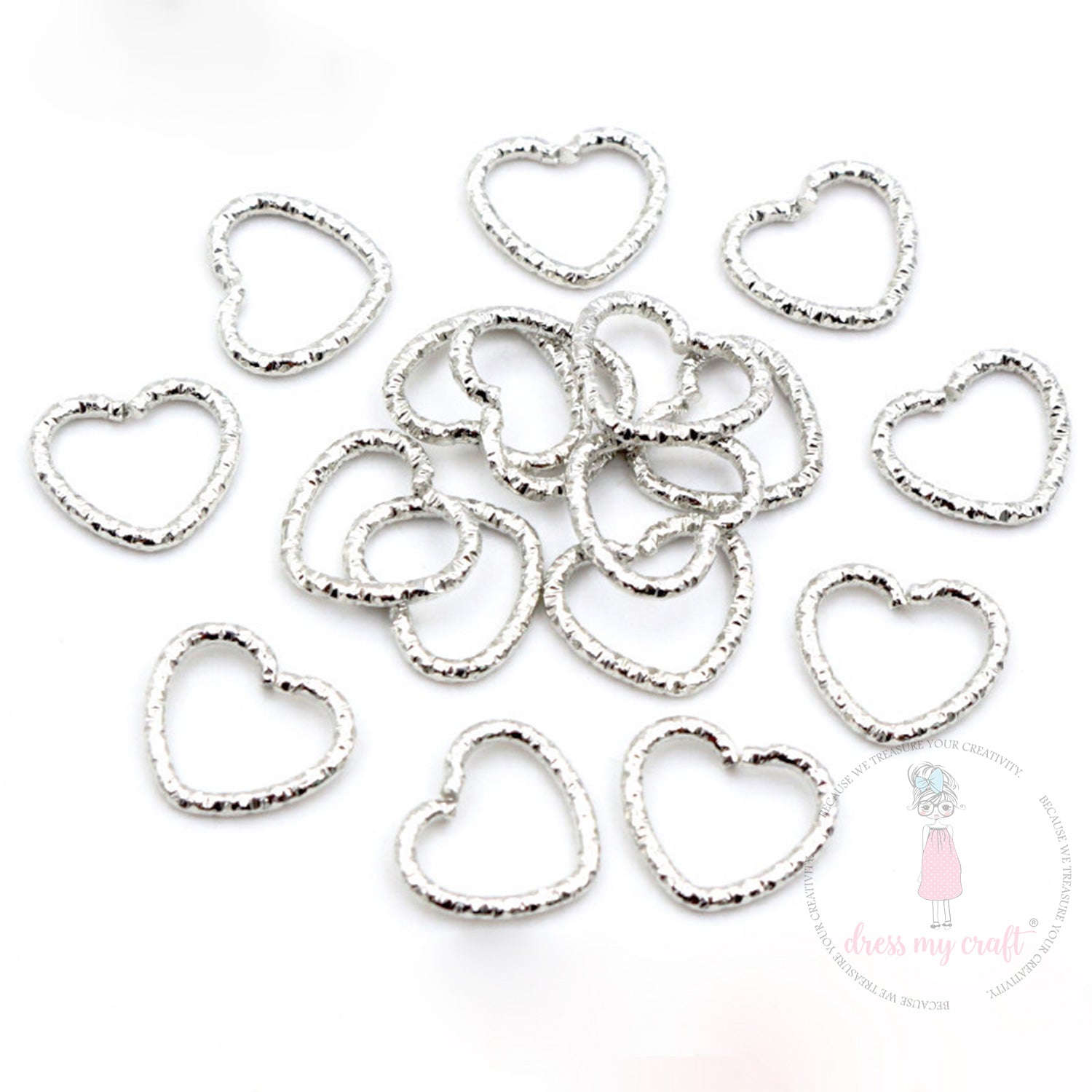 Textured Heart Jump Rings - Silver 14 X 12 MM