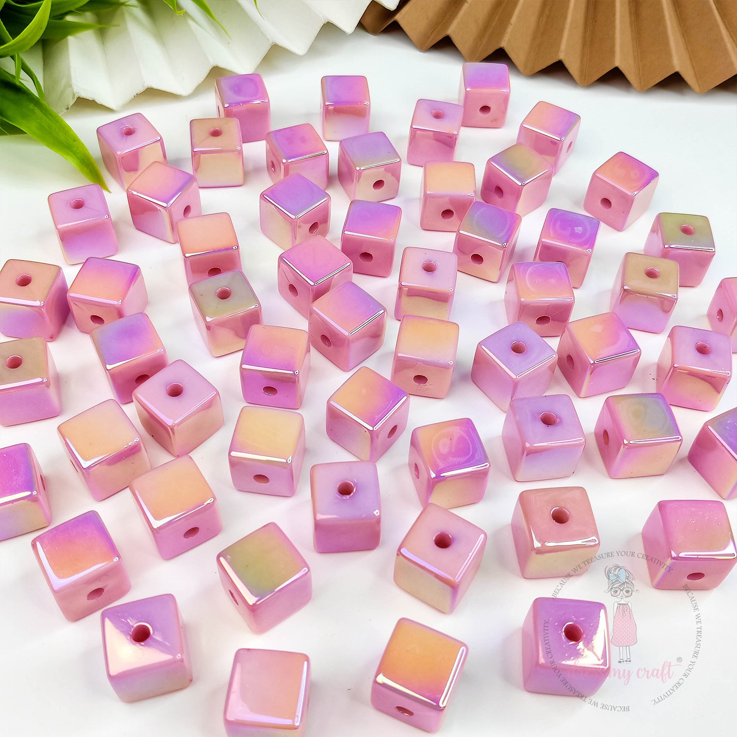 Holographic Acrylic Square Beads - Blush Pink