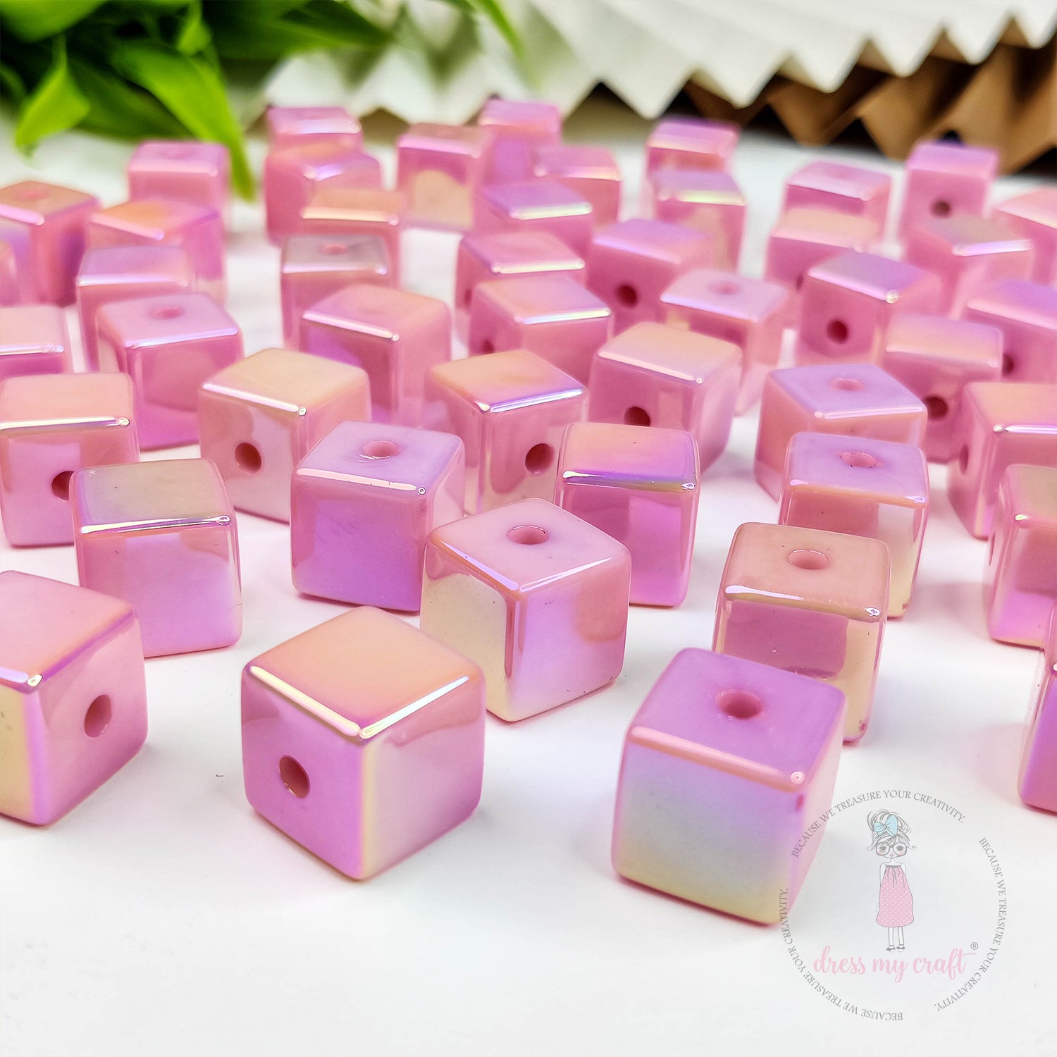 Holographic Acrylic Square Beads - Blush Pink