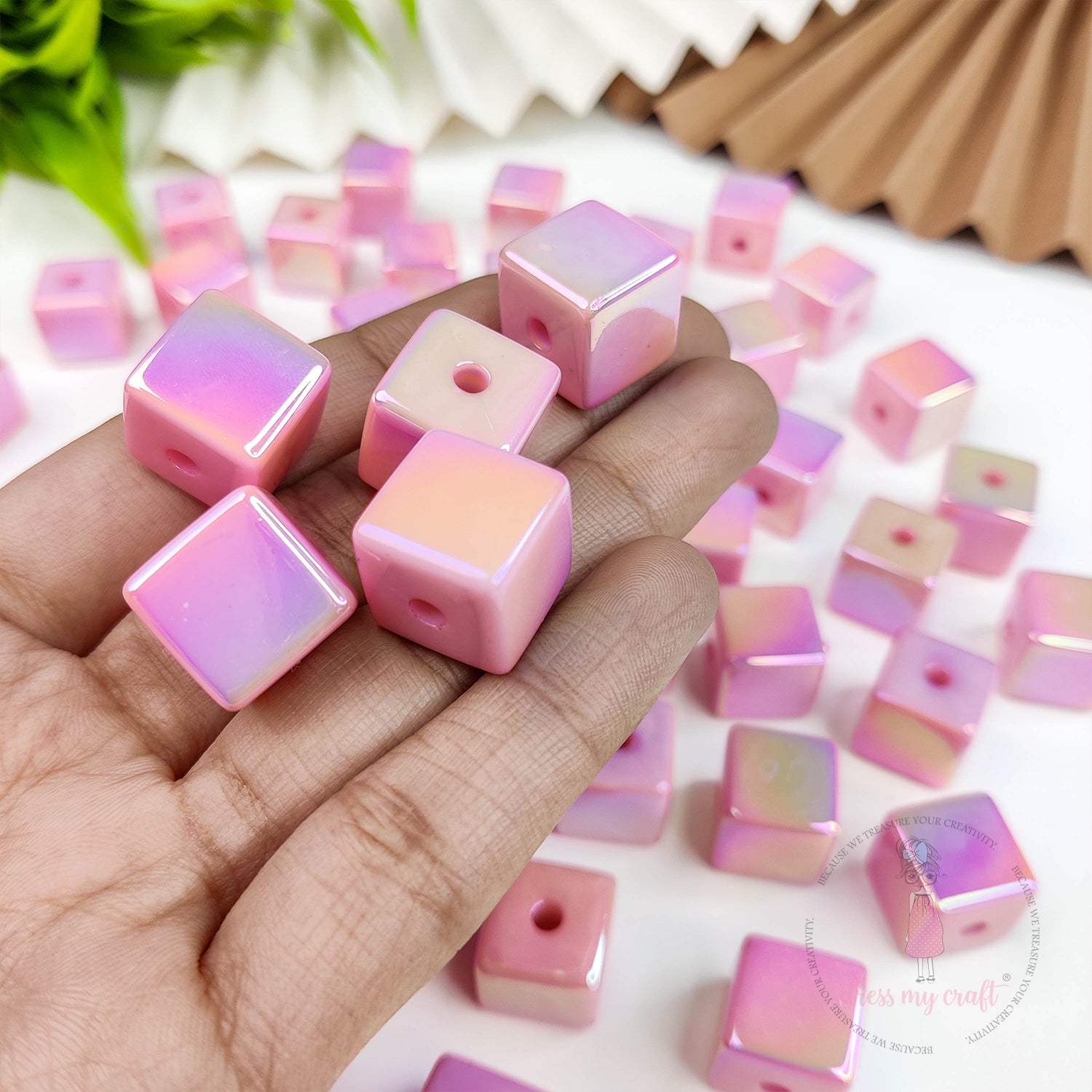 Holographic Acrylic Square Beads - Blush Pink