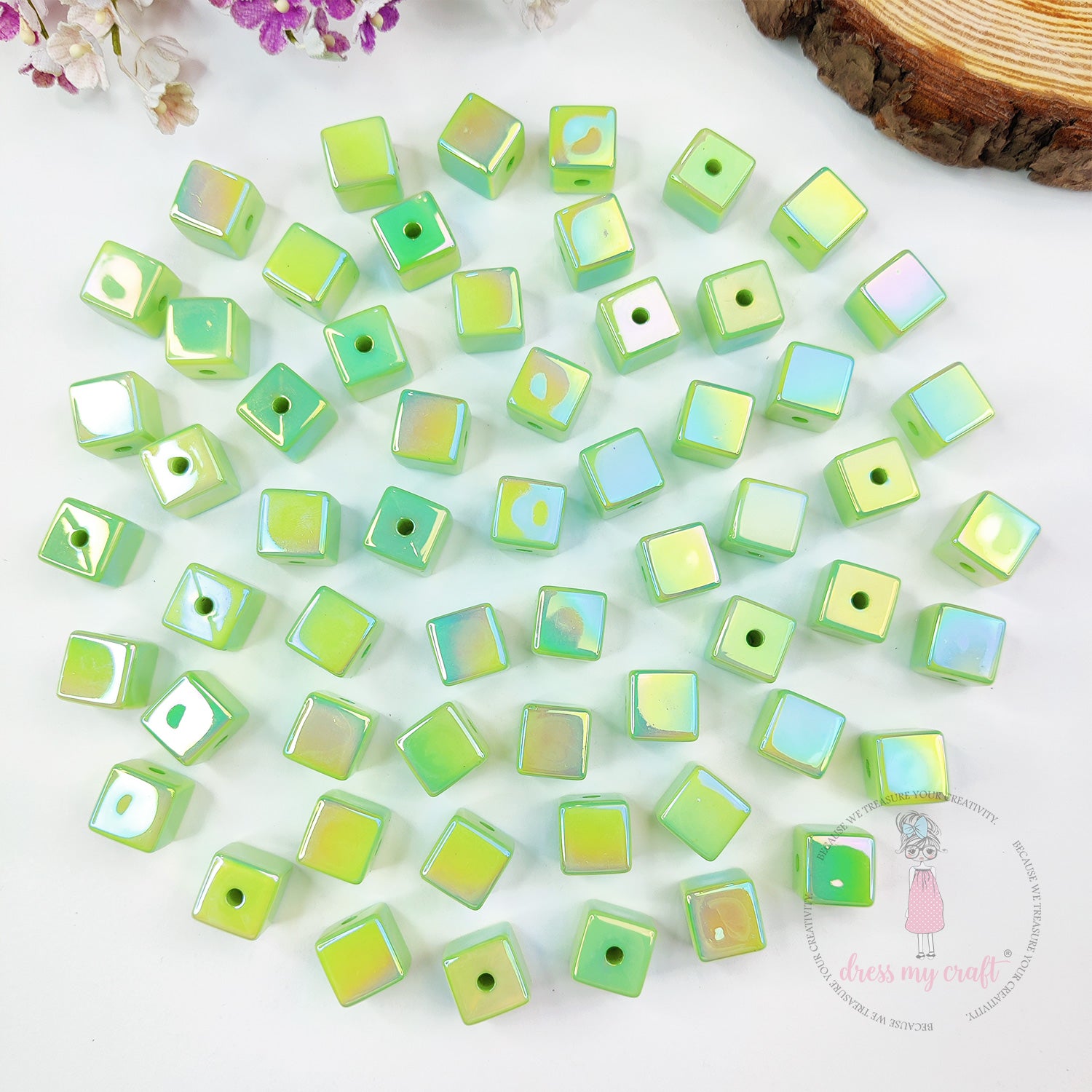 Holographic Acrylic Square Beads - Pista Green