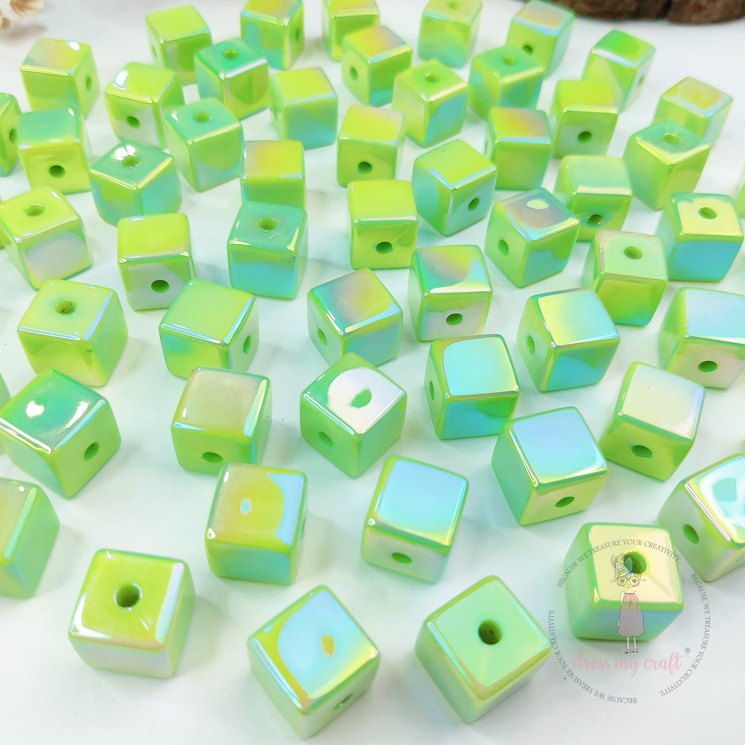 Holographic Acrylic Square Beads - Pista Green