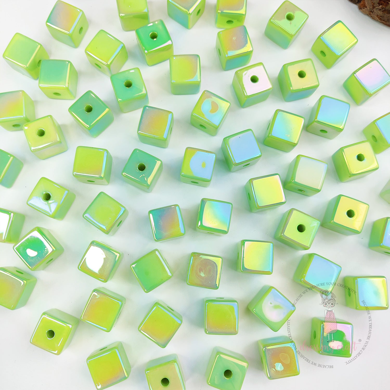 Holographic Acrylic Square Beads - Pista Green