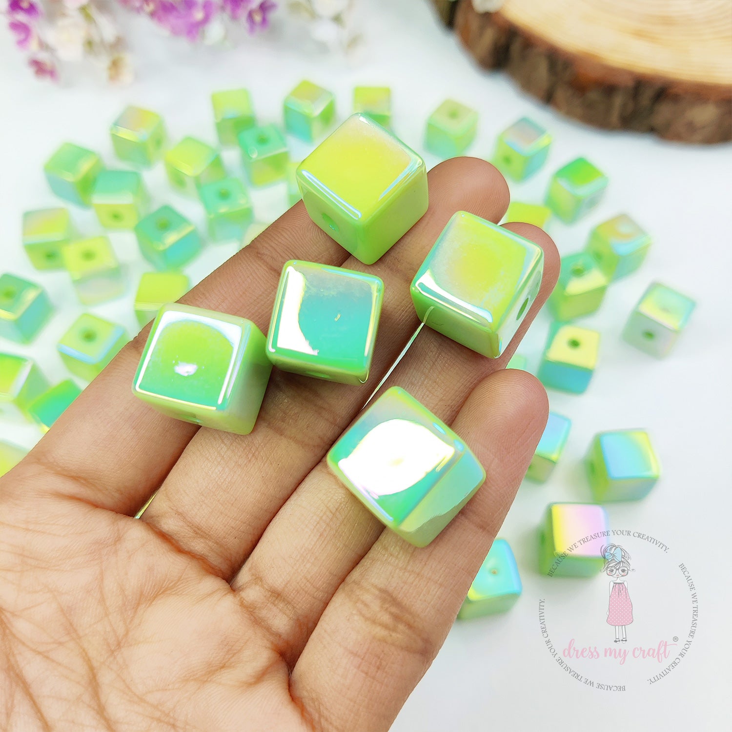 Holographic Acrylic Square Beads - Pista Green
