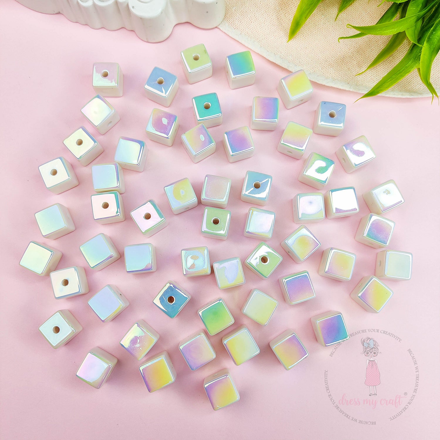Holographic Acrylic Square Beads - Ivory