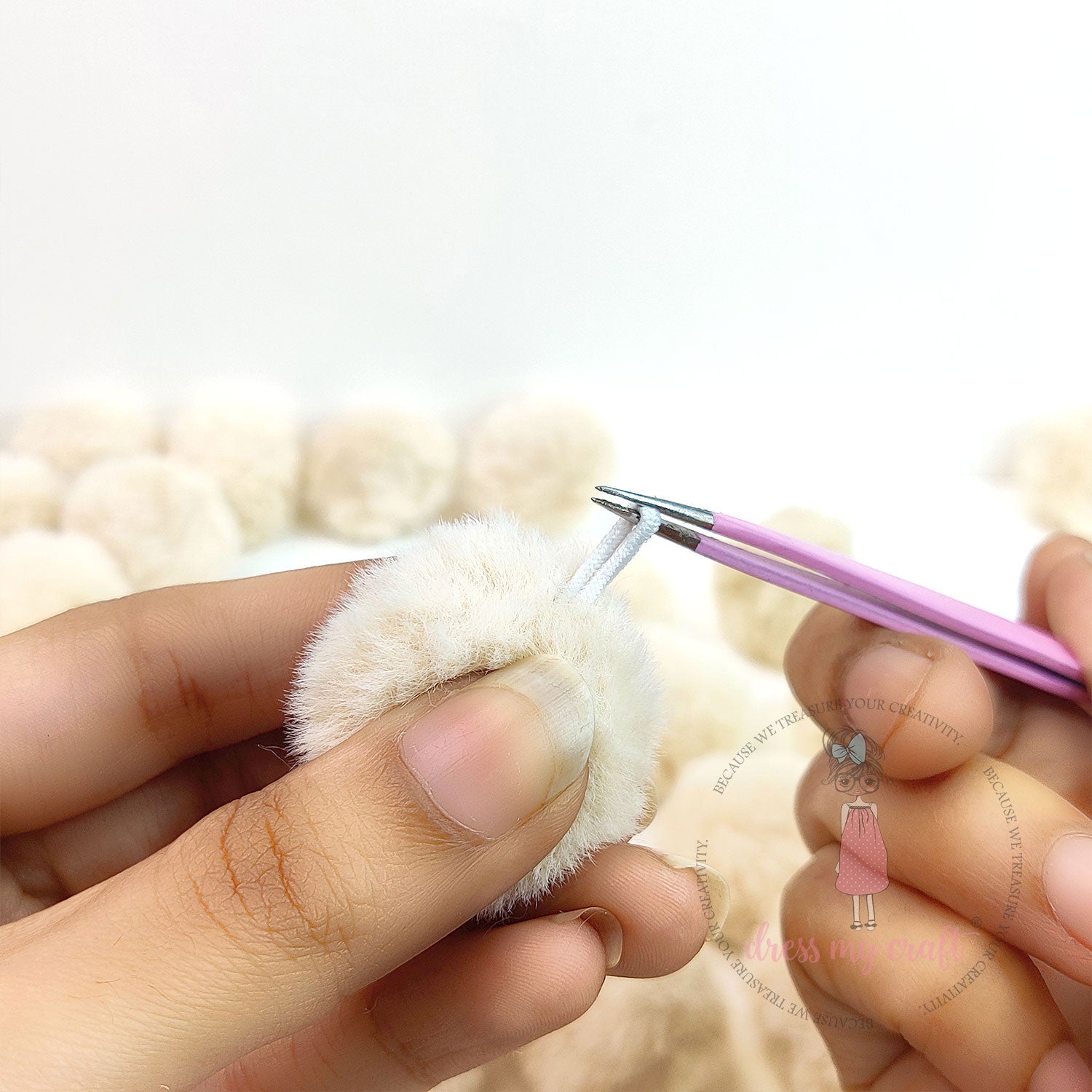 Beige Pastel Pom Poms With Loop - Big