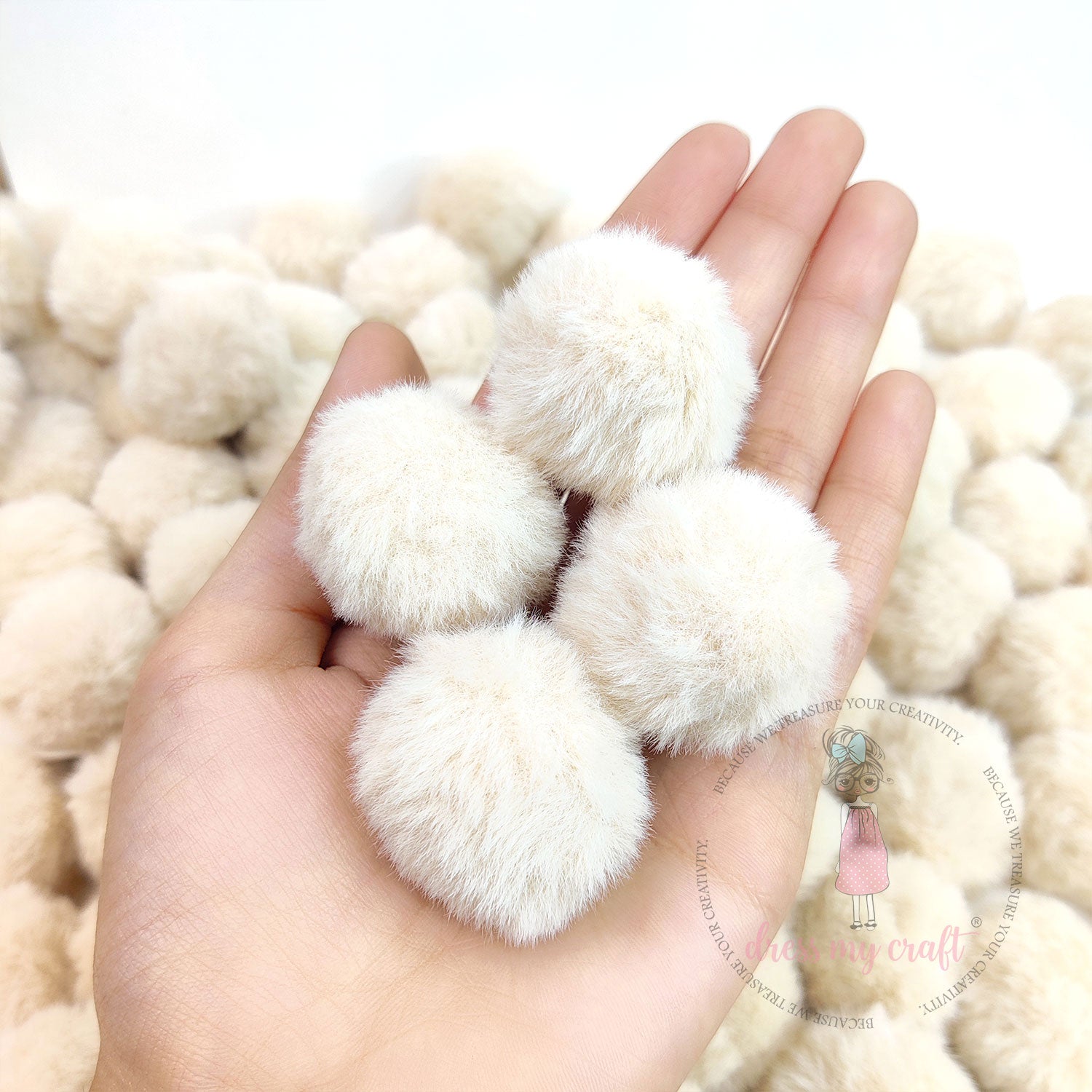 Beige Pastel Pom Poms With Loop - Big