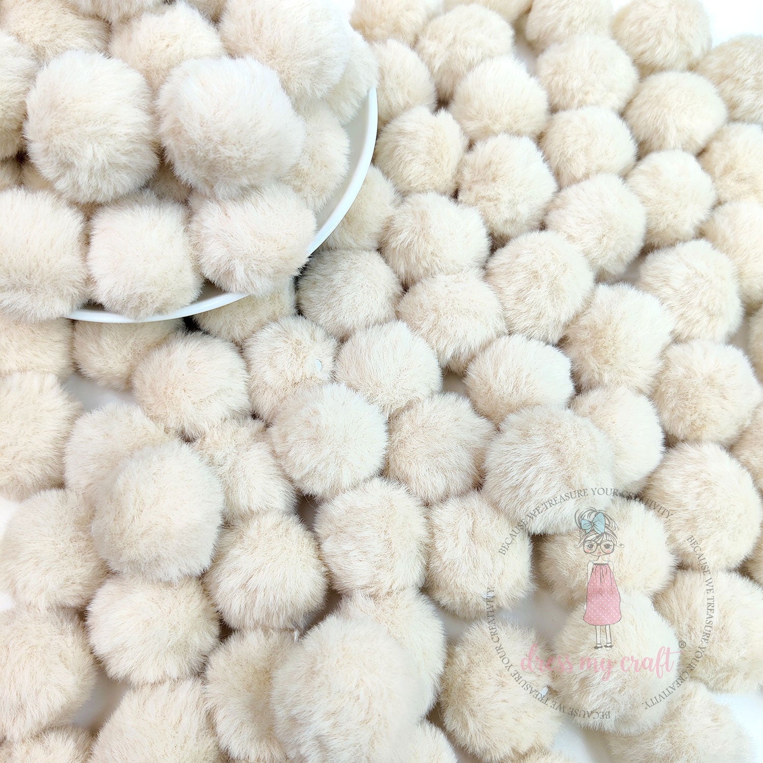 Beige Pastel Pom Poms With Loop - Big