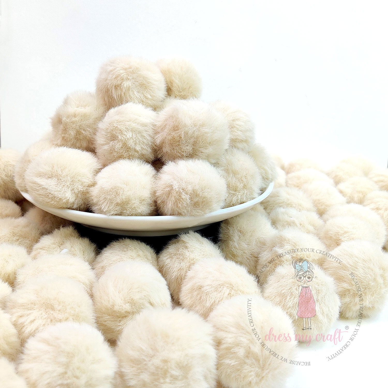 Beige Pastel Pom Poms With Loop - Big