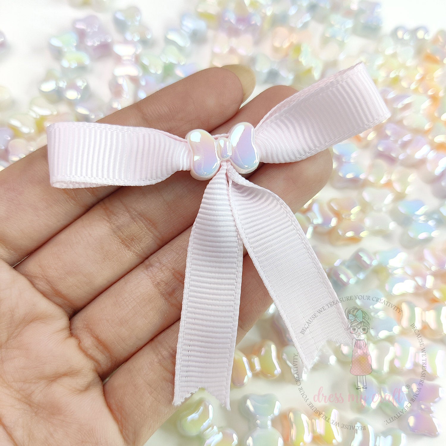 Pastel Holographic Shiny Bow Beads - White