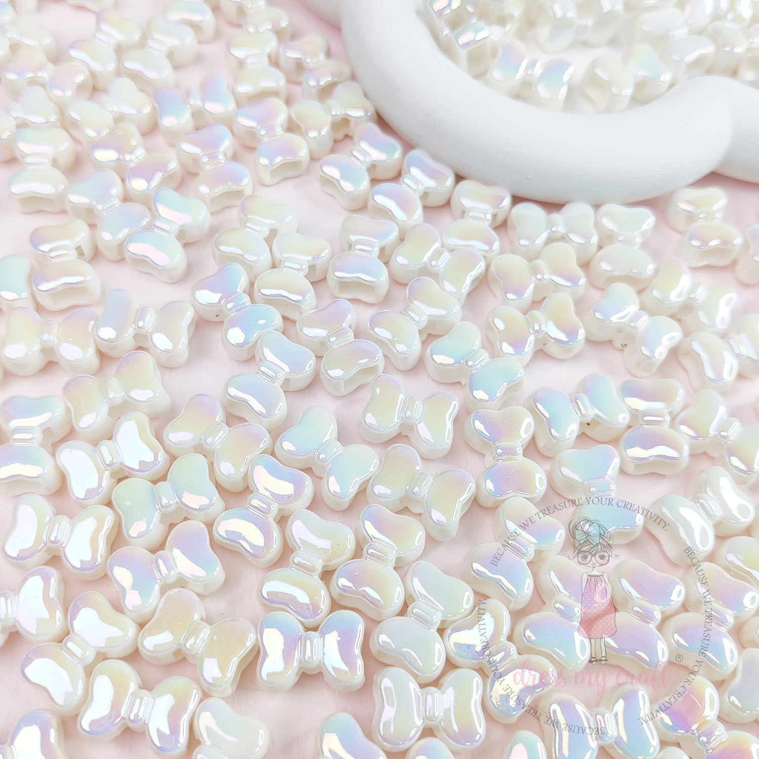 Pastel Holographic Shiny Bow Beads - White