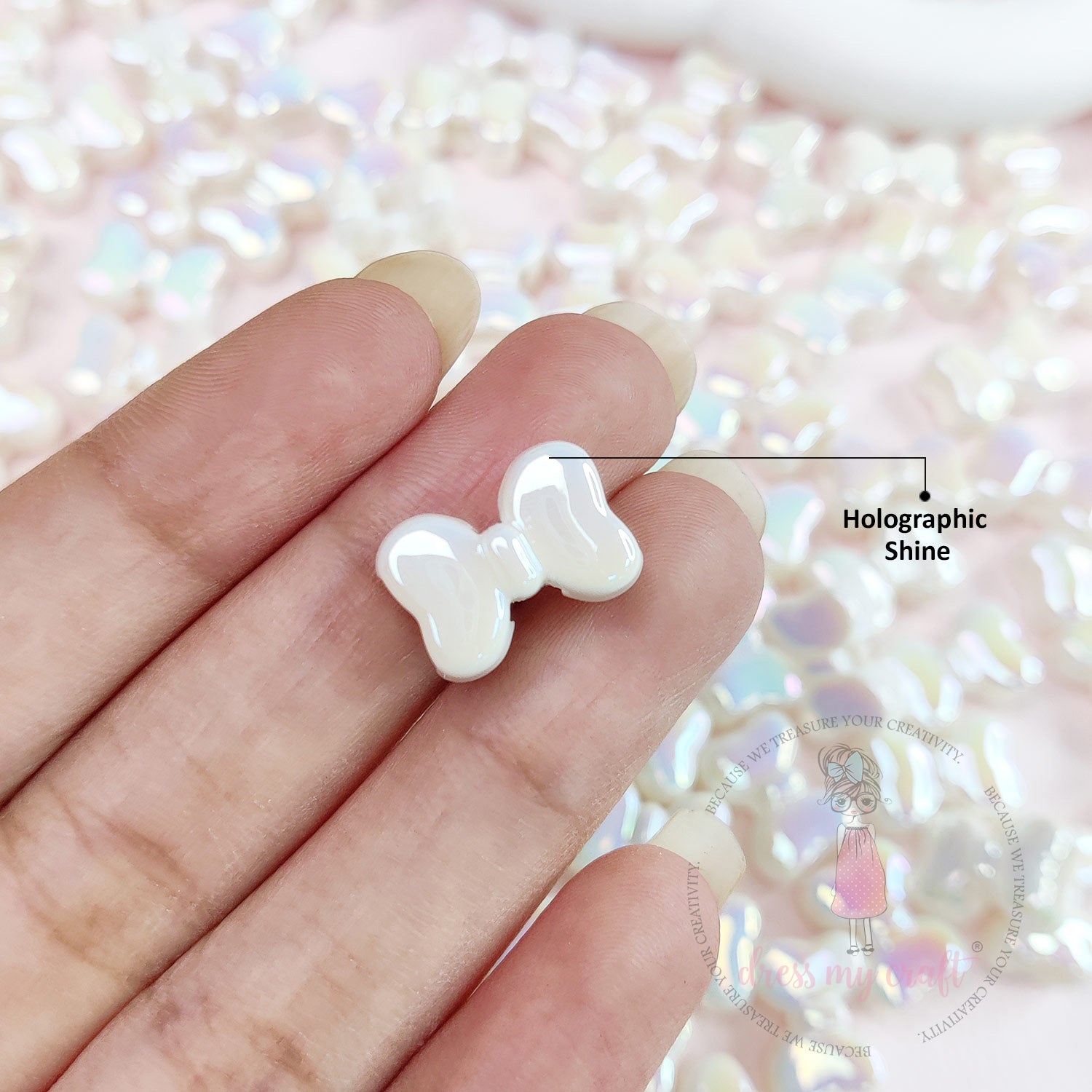 Pastel Holographic Shiny Bow Beads - White