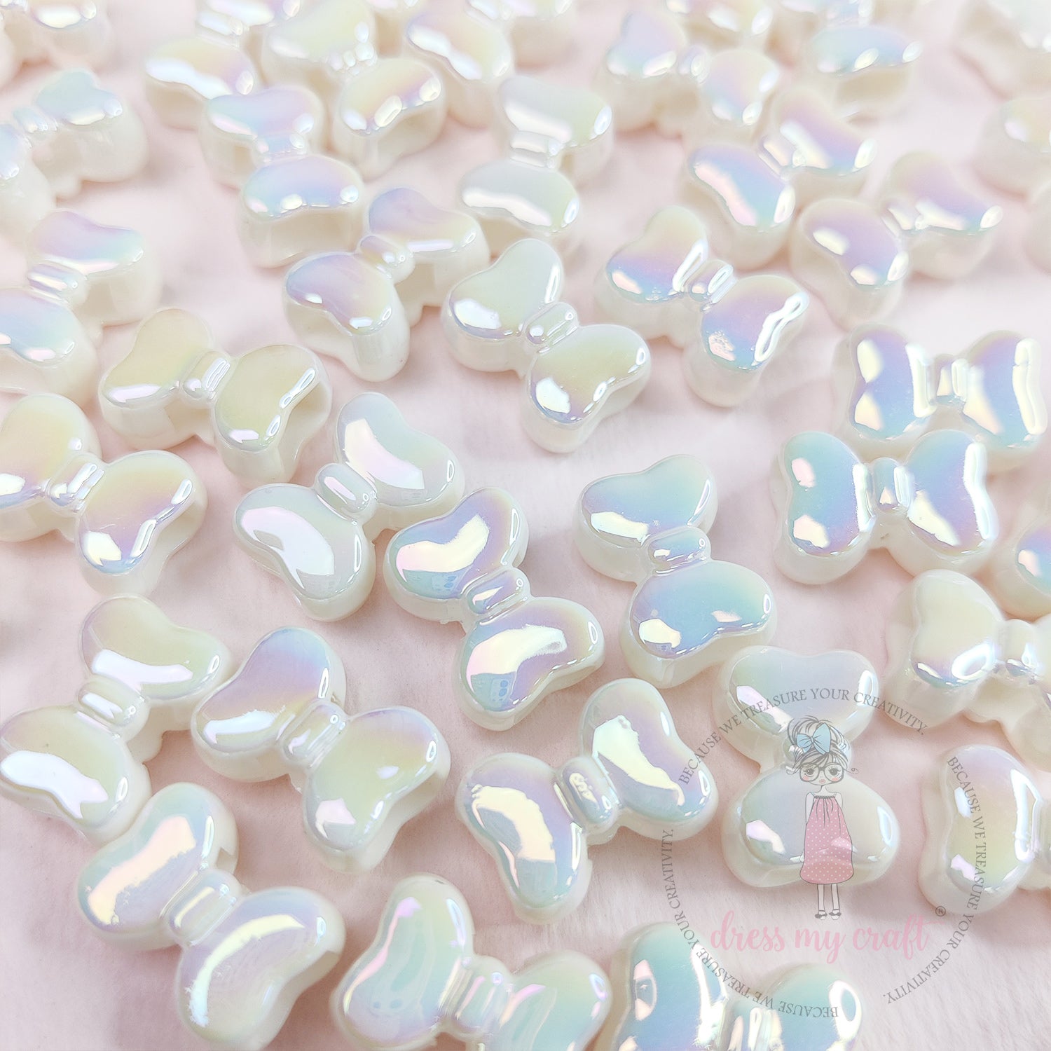 Pastel Holographic Shiny Bow Beads - White