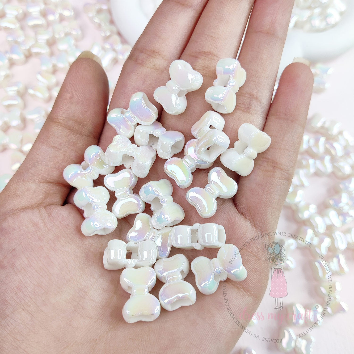 Pastel Holographic Shiny Bow Beads - White
