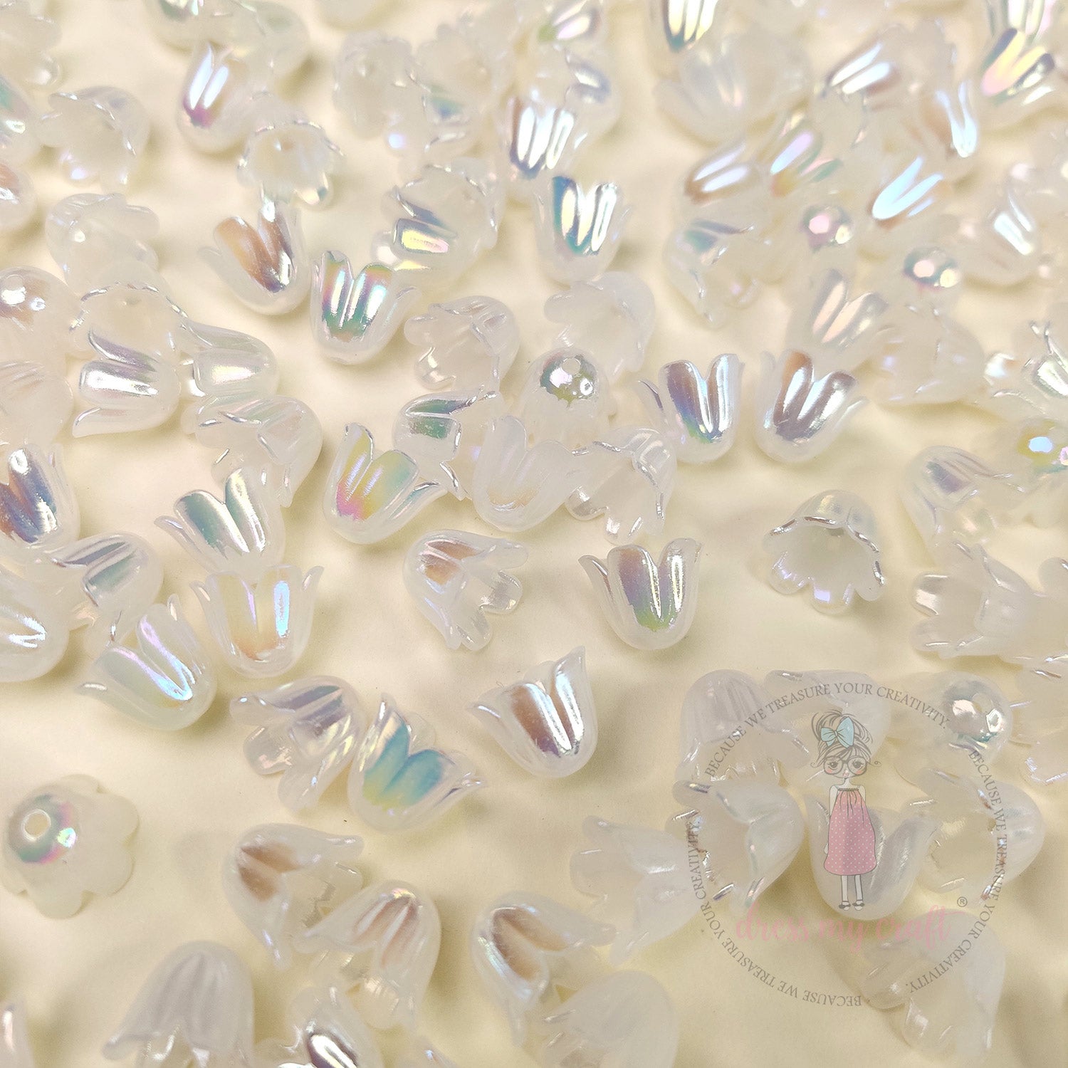 Holographic Tulip Bell Beads - White