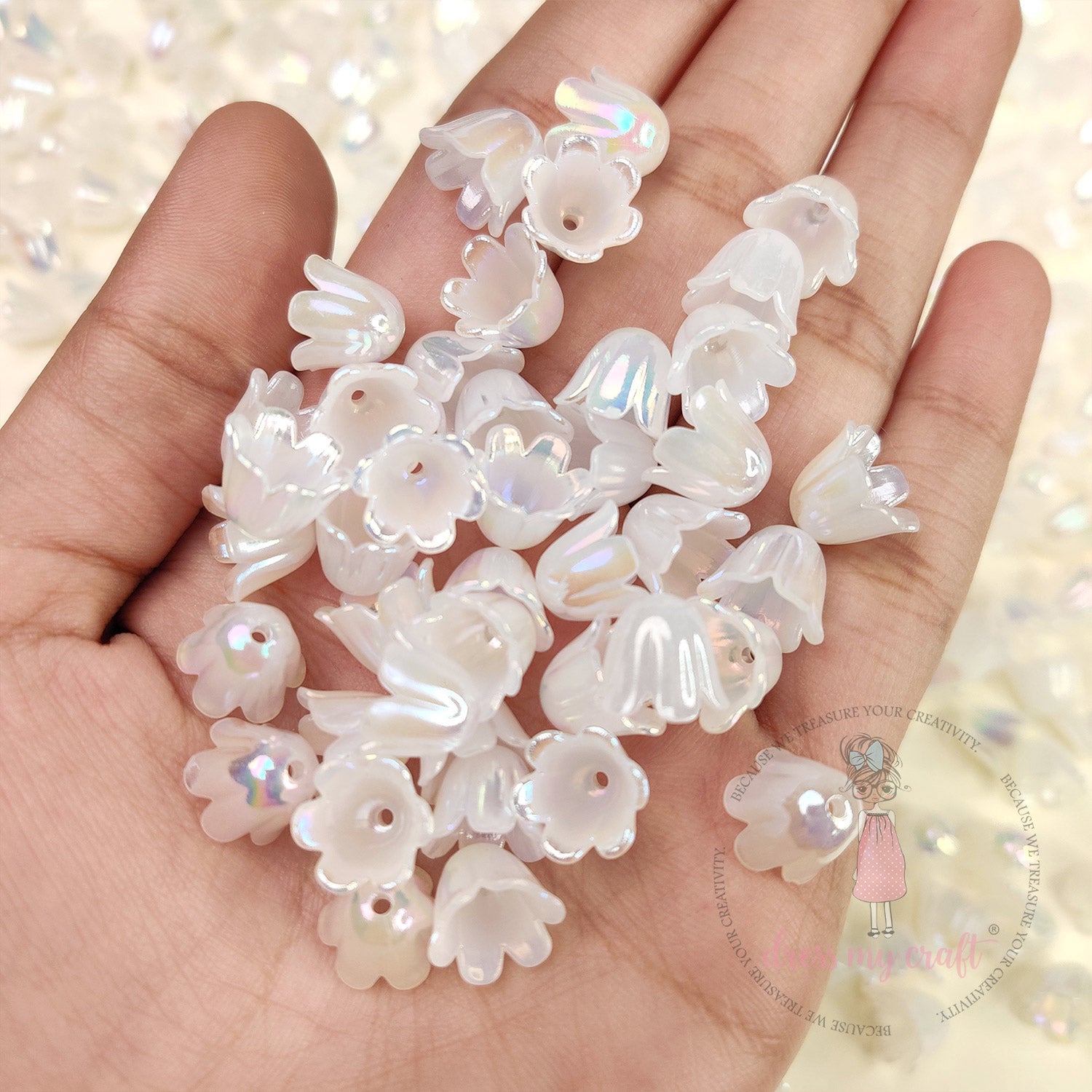 Holographic Tulip Bell Beads - White