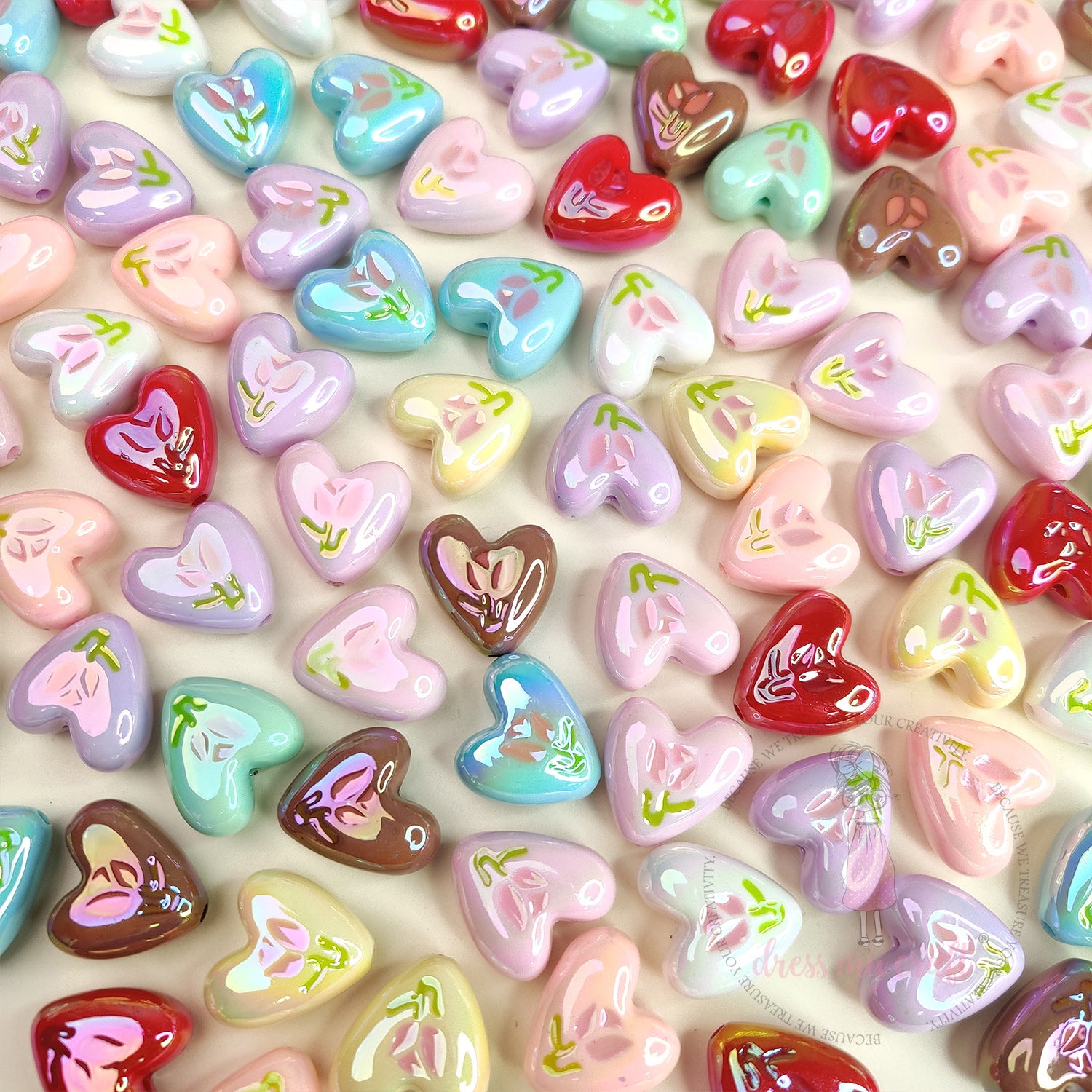 Holographic Floral Heart Beads