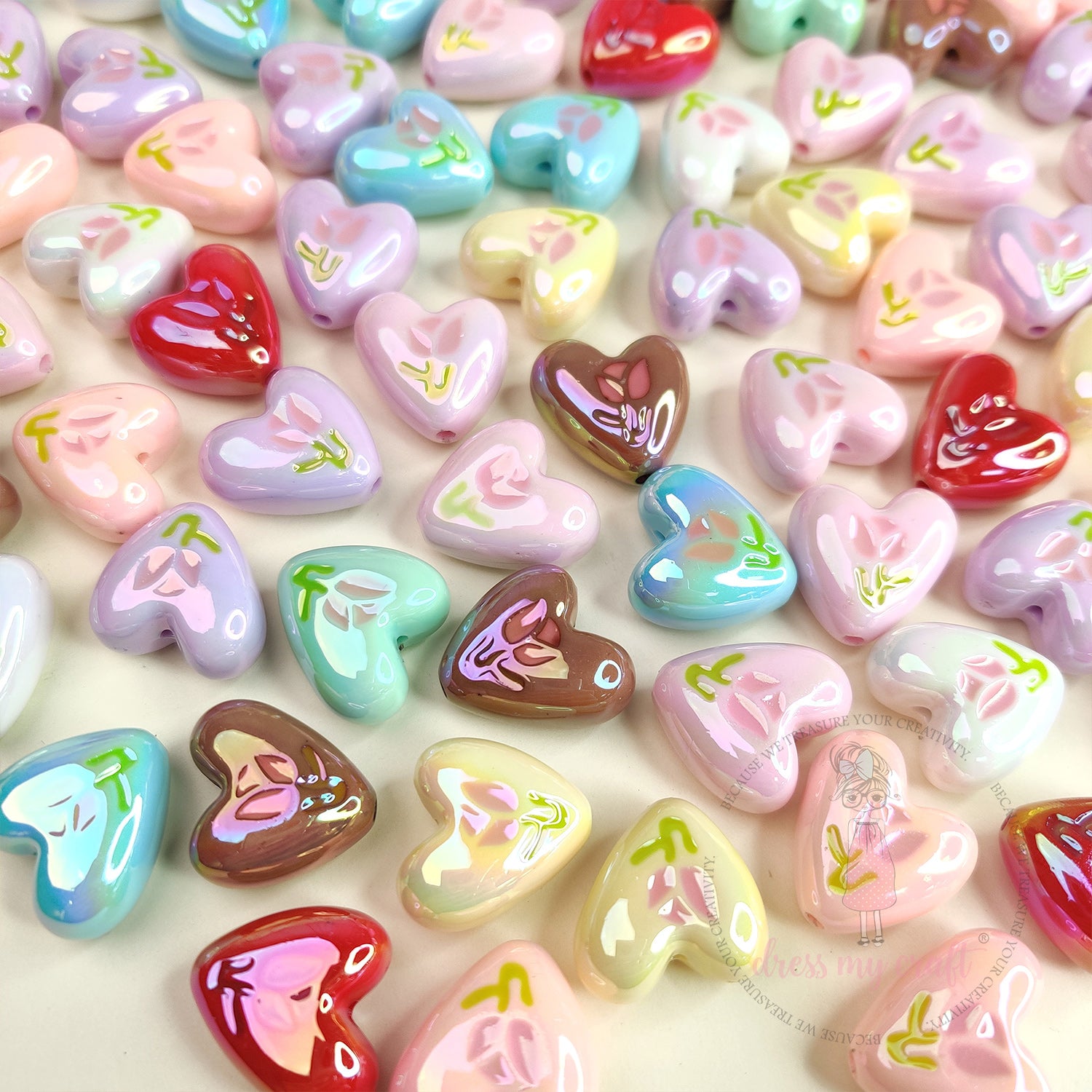 Holographic Floral Heart Beads