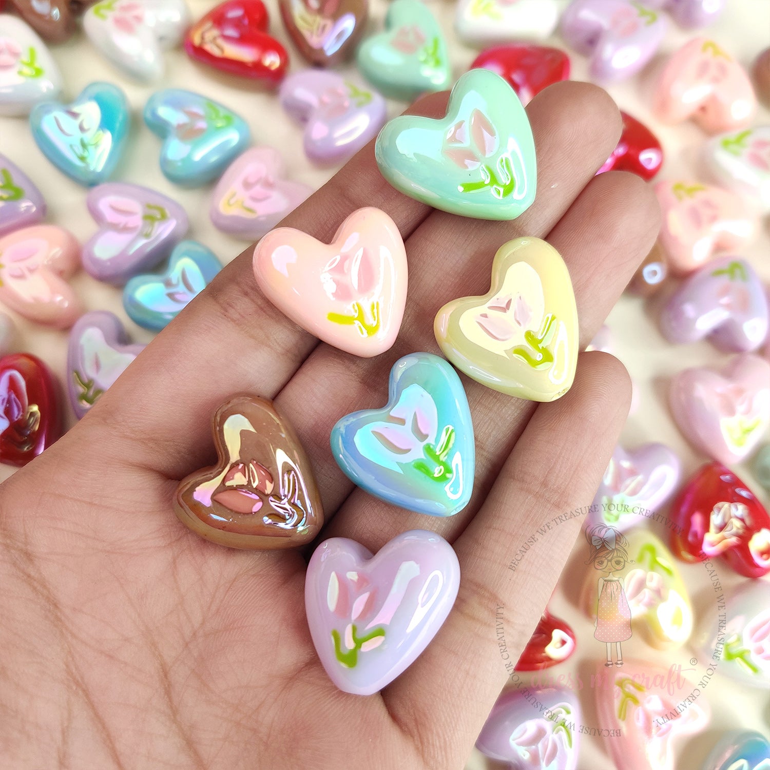Holographic Floral Heart Beads