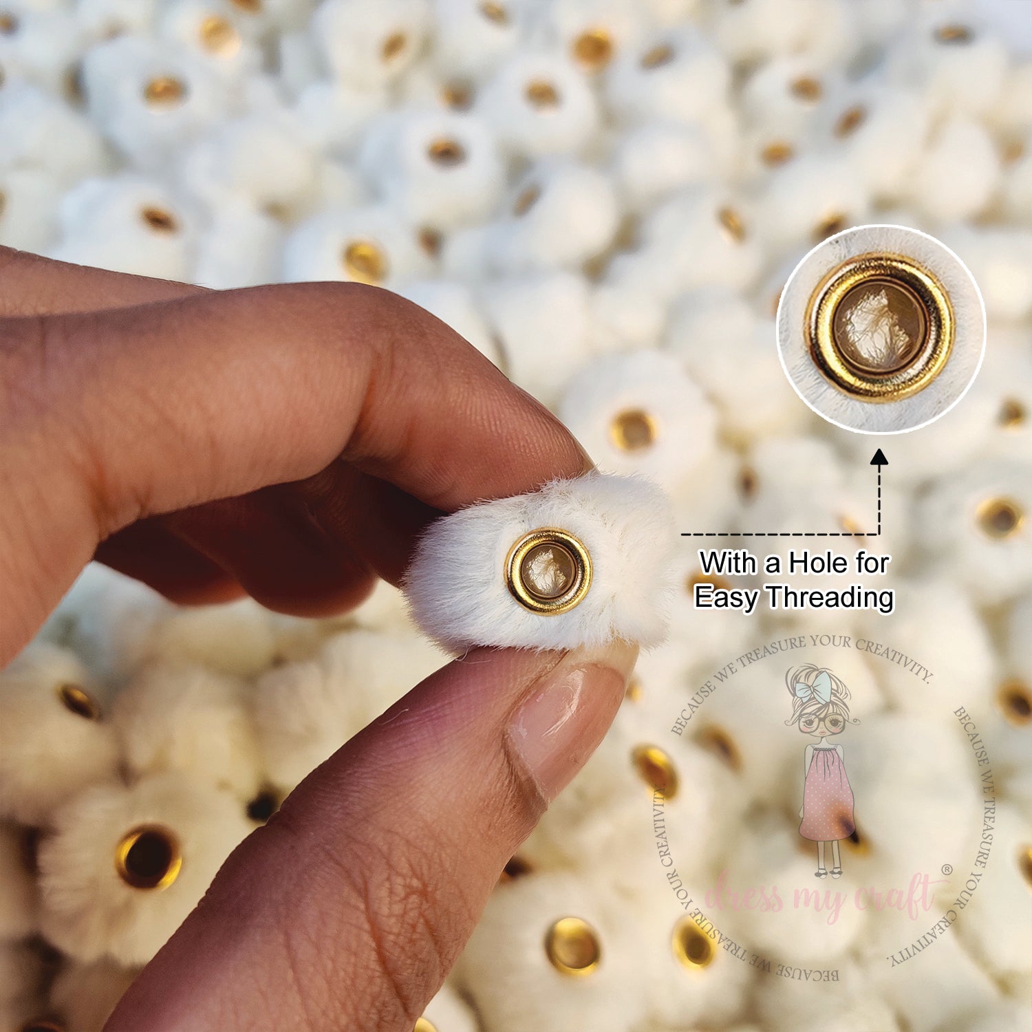 Bead Pom Poms With Hole - Ivory