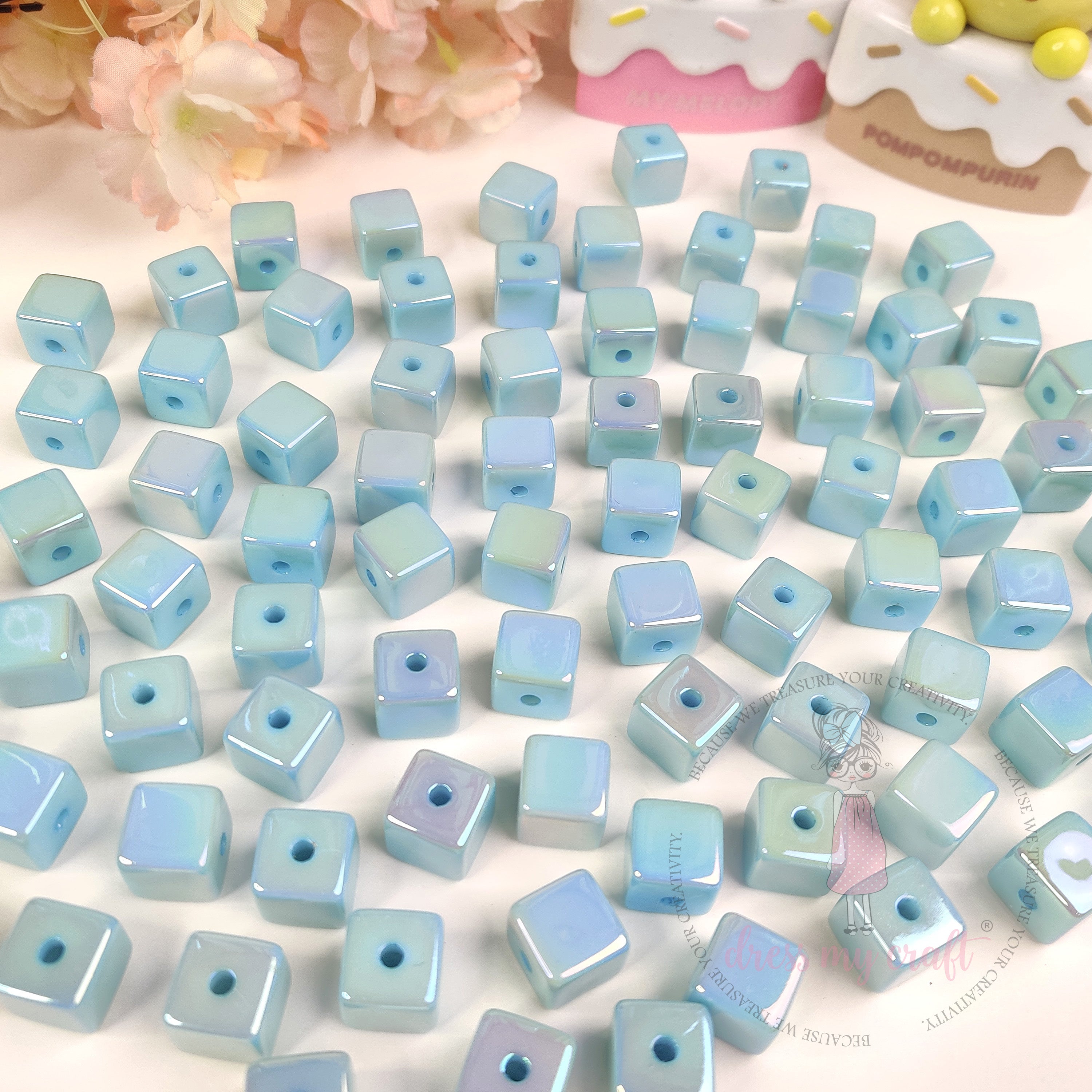 Holographic Acrylic Square Beads - Sky Blue