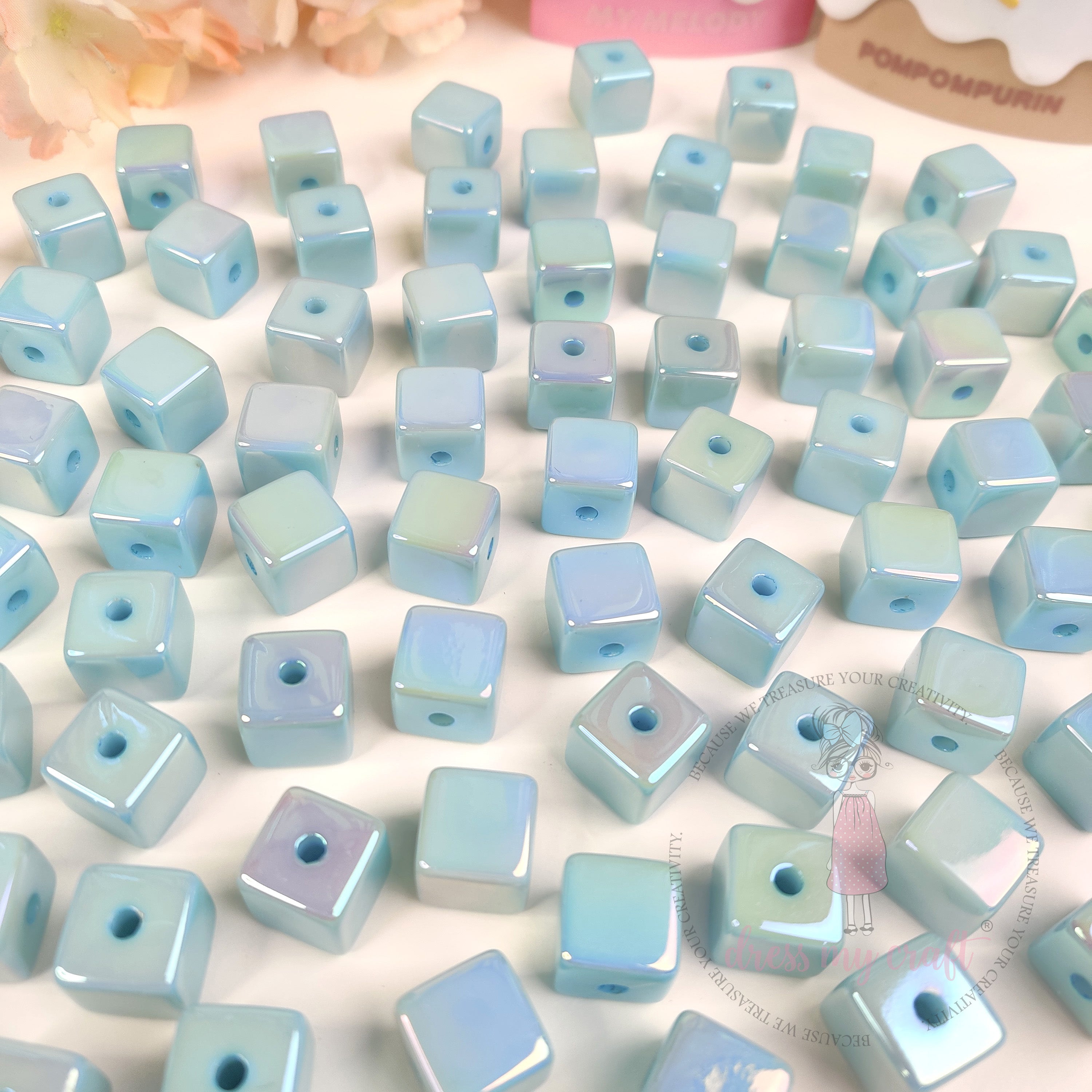 Holographic Acrylic Square Beads - Sky Blue