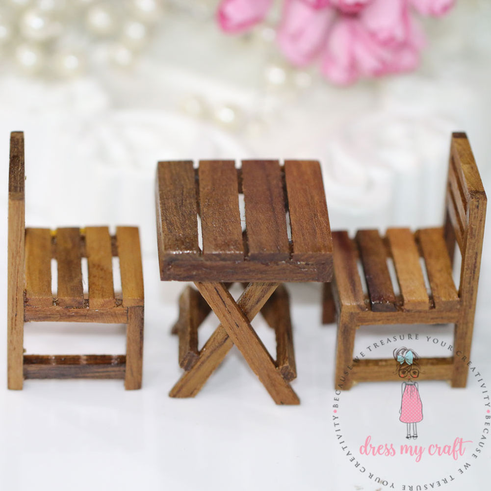 Miniature Wooden Brown Chair & Table