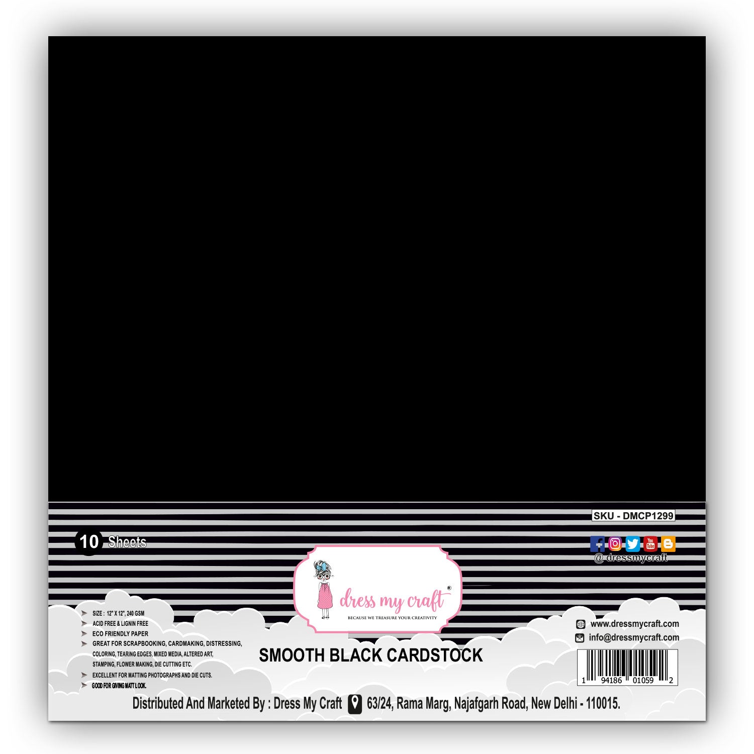 Smooth Black Cardstock - 12" x 12" - 240 GSM