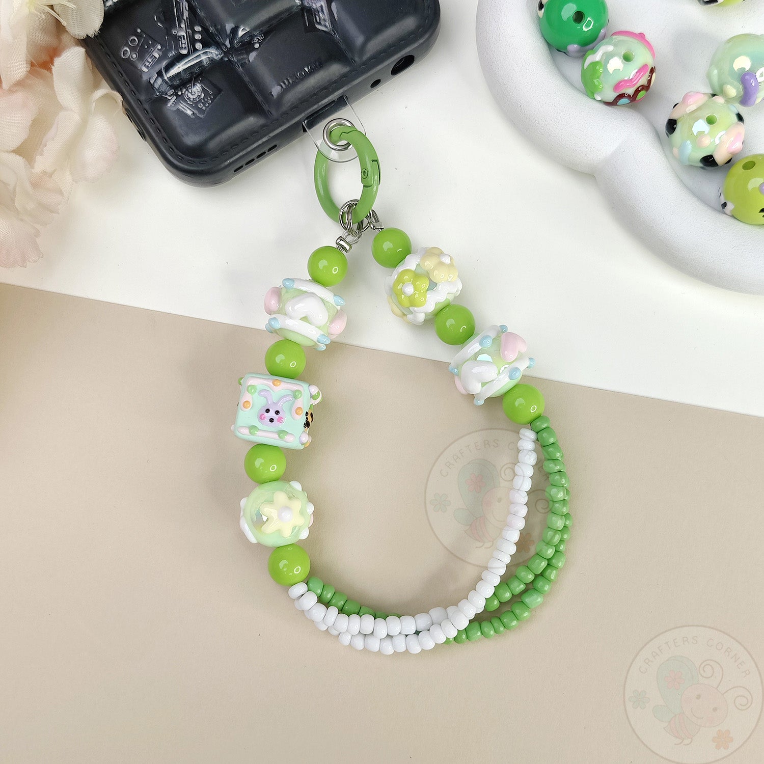 Handmade Kawaii Mobile Charm - Green Bunny Garden