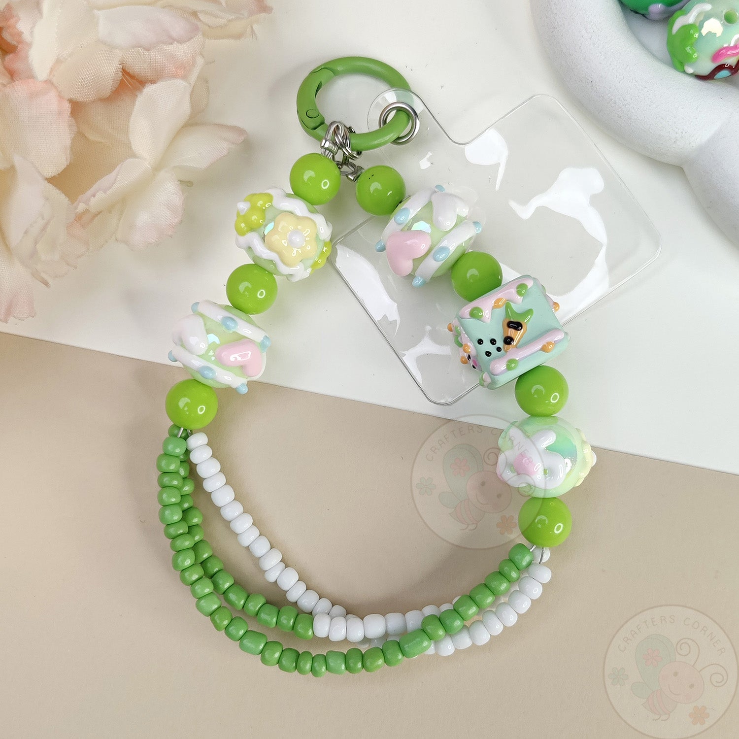Handmade Kawaii Mobile Charm - Green Bunny Garden
